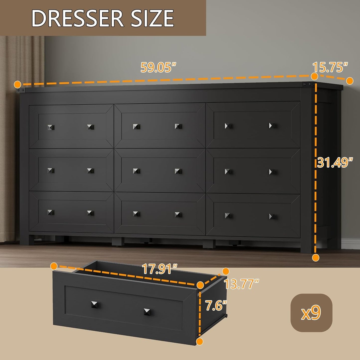 Nine Drawer Dresser Solid Wood FiftyNineInchWide Storage