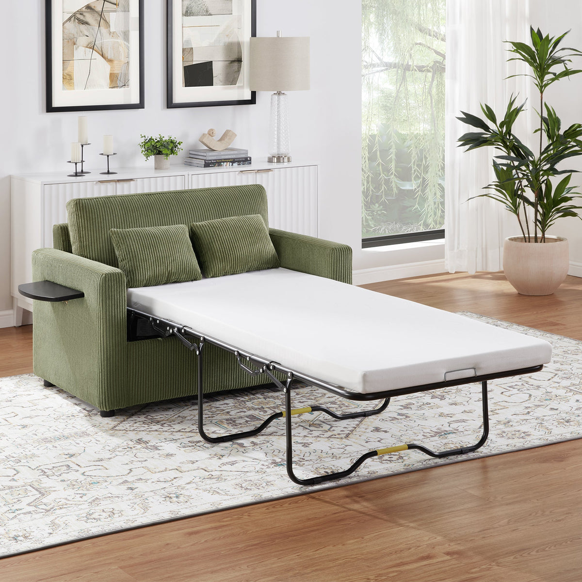 Twin Size Sofa Bed with Foldable Mattress and USB Ports