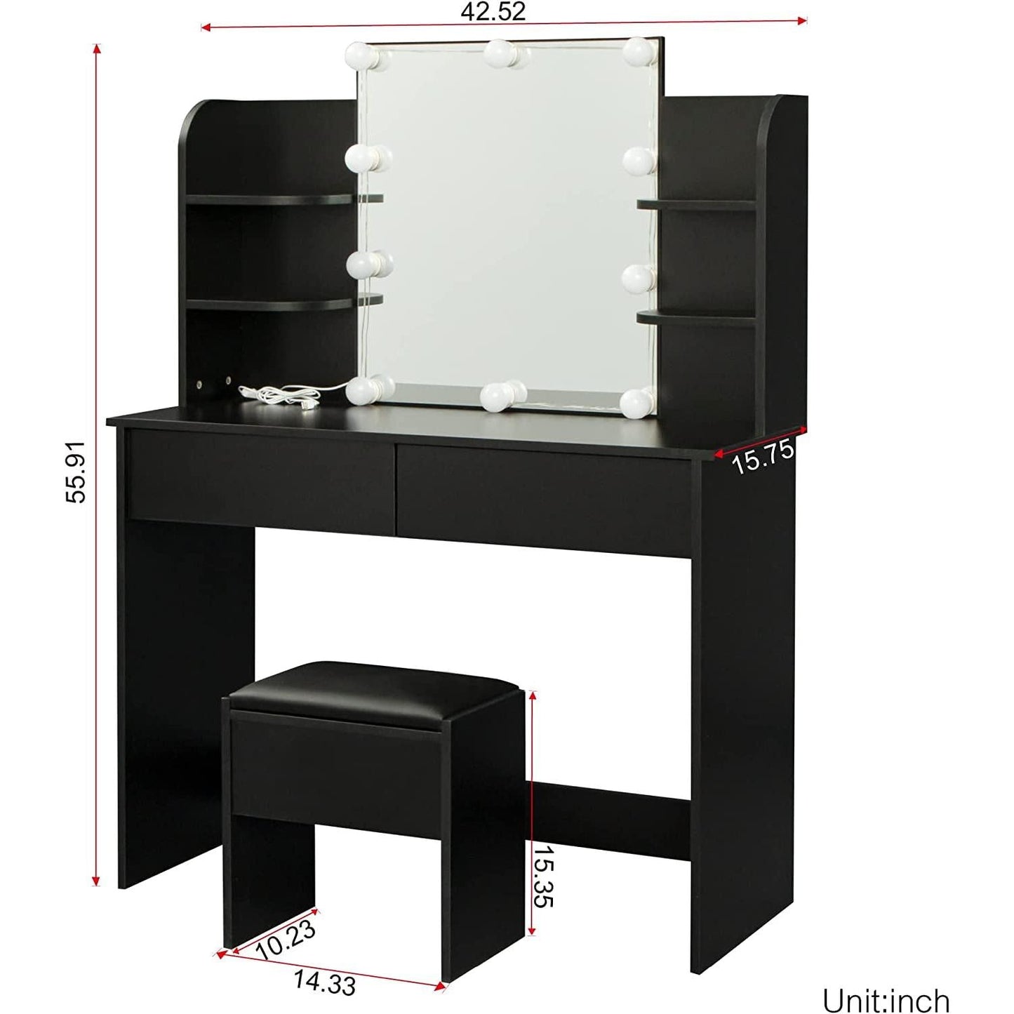 Black Vanity Set With 10 Lights For Bedroom Storage