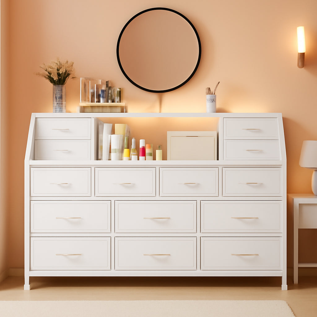 55 Inch Wide TV Stand Dresser 14 Drawers White Finish