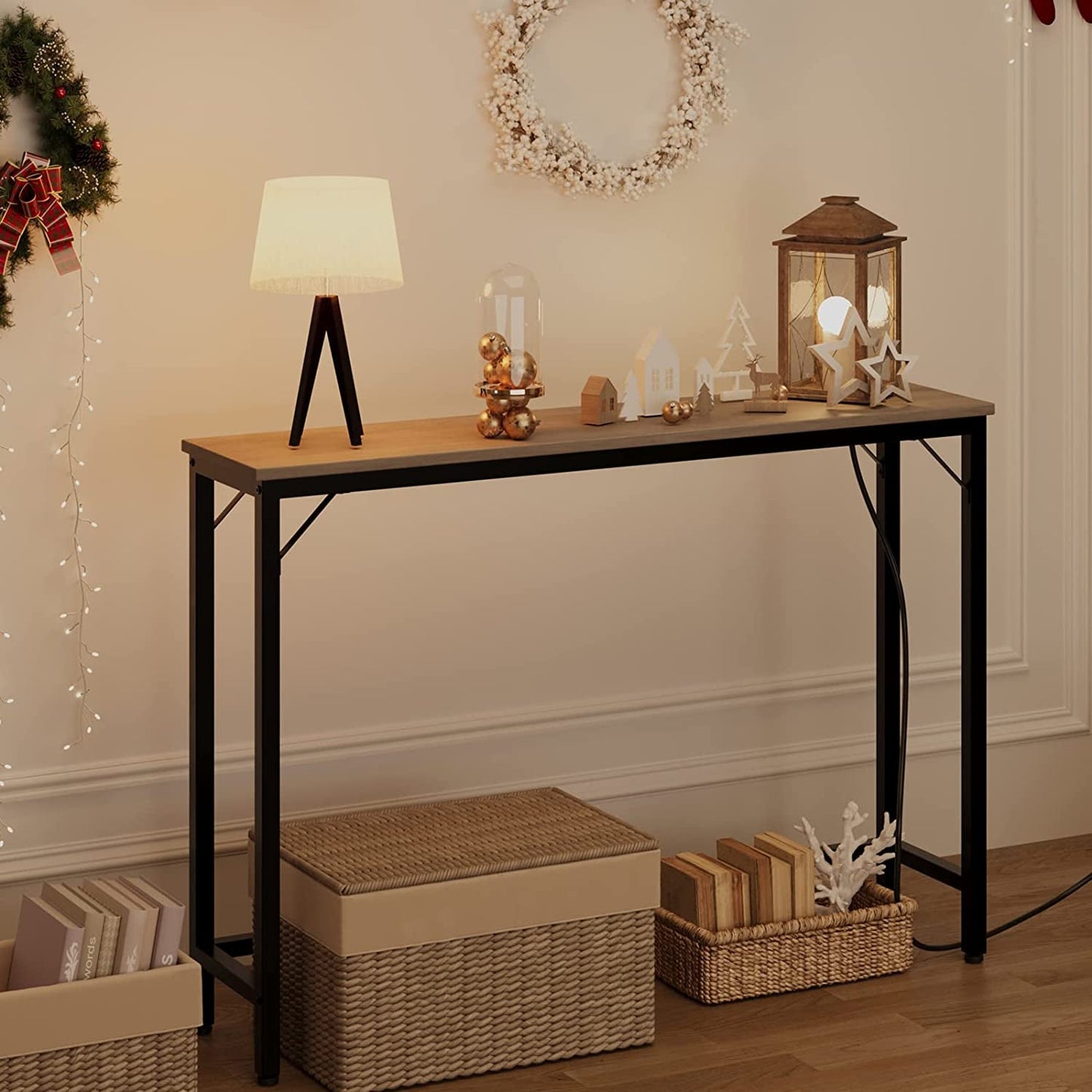 Industrial Grey Console Table With Charging Station