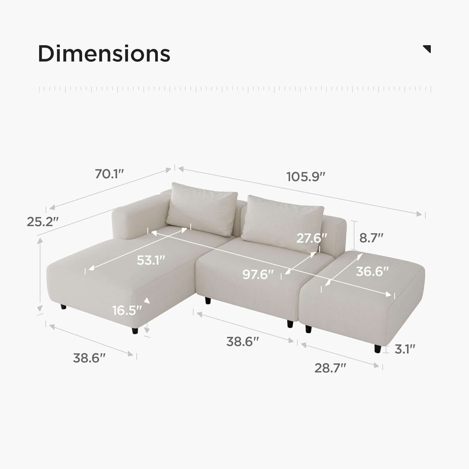 Dimensions of Soft Corduroy Sectional Sofa Set L Shaped Cream Modular showcasing measurements for space planning.