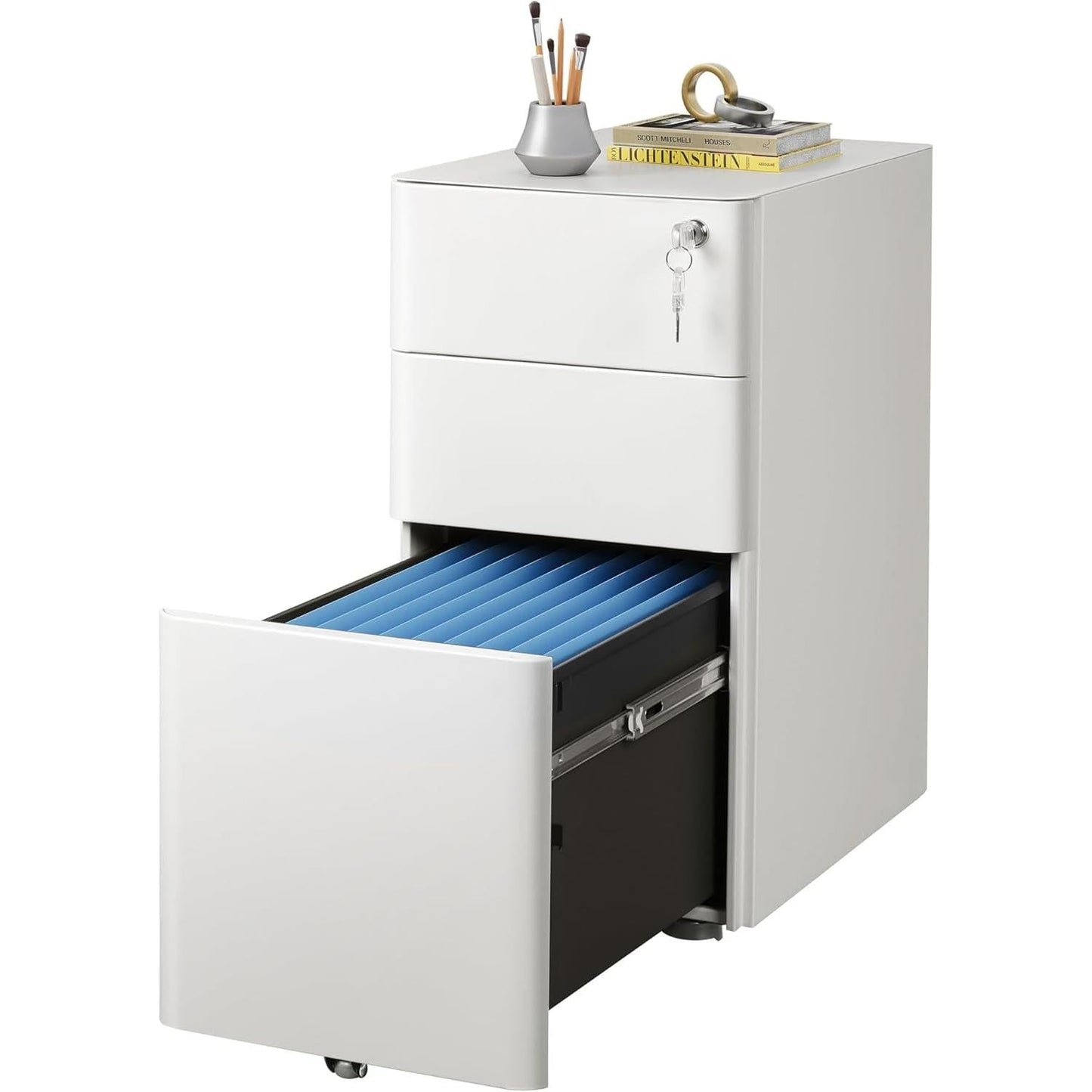 White 3 Drawer Slim File Cabinet For Office Lockable