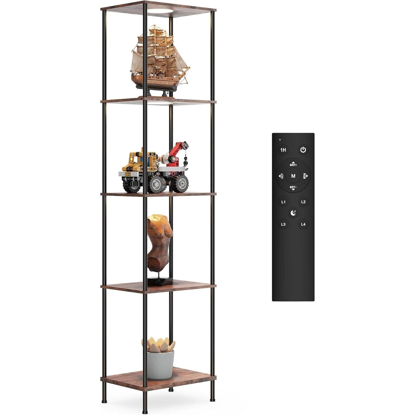Display Shelf With RGBW Light Floor Lamp 5 Tier Brown