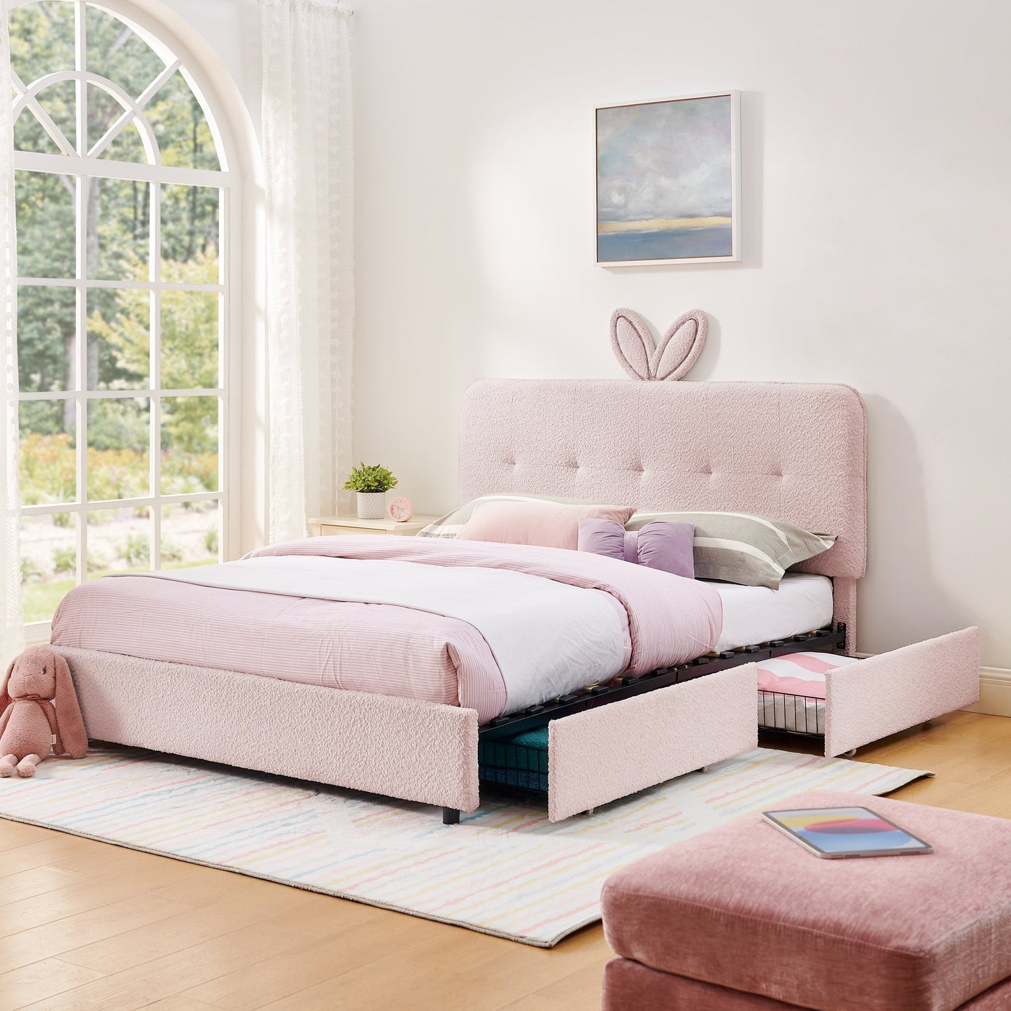 Queen Size Kids Upholstered Bed with Rabbit Ear Headboard