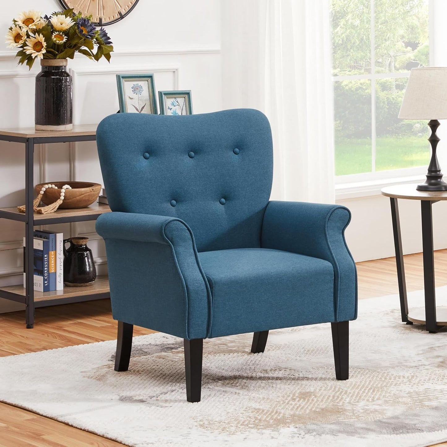 Navy Blue Compact Midcentury Armchair Tufted Backrest