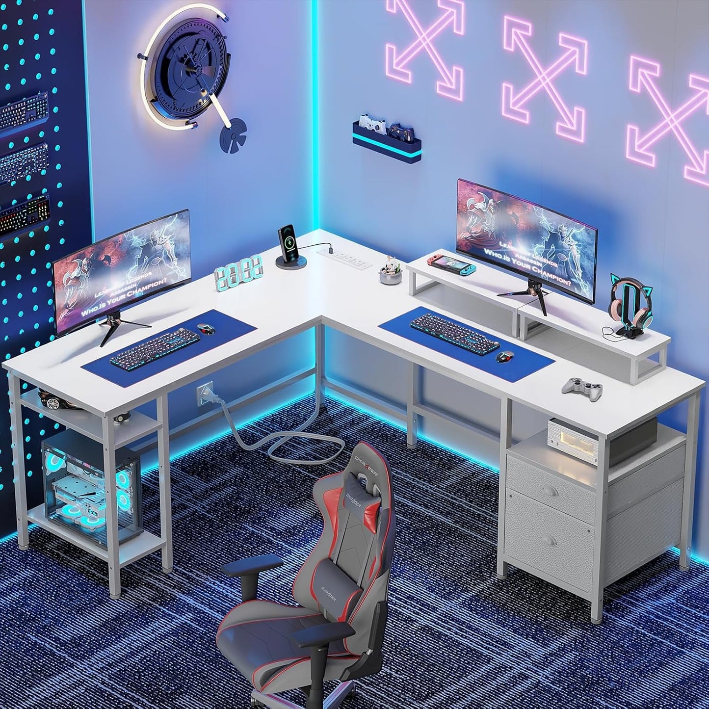 White Fifty Nine Inch L Shaped Desk With Power Outlets