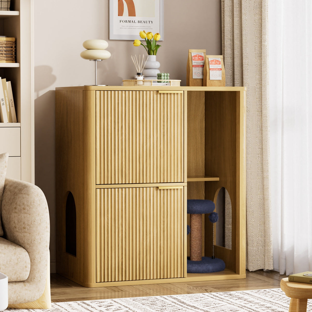 31.5-Inch Light Wood Cat Litter Cabinet with Cat Tree