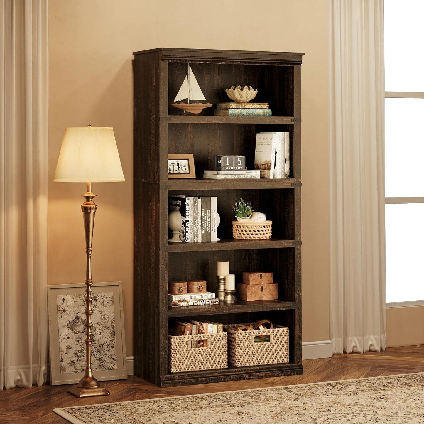 Farmhouse Cherry Bookcase 71 Inch Tall Sturdy Open Shelving