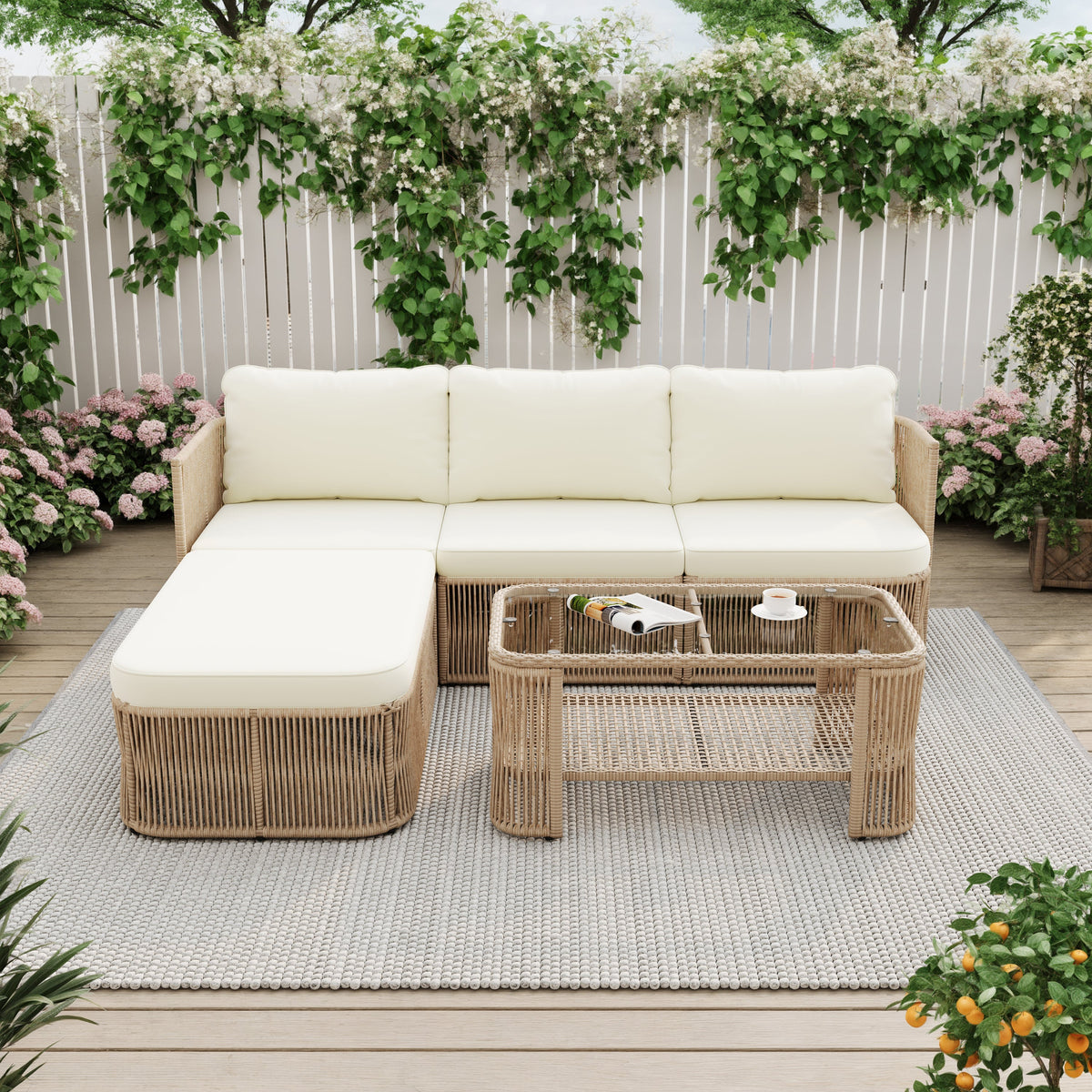 Outdoor PE Rattan Patio Furniture Set with Iron Frame, Dark