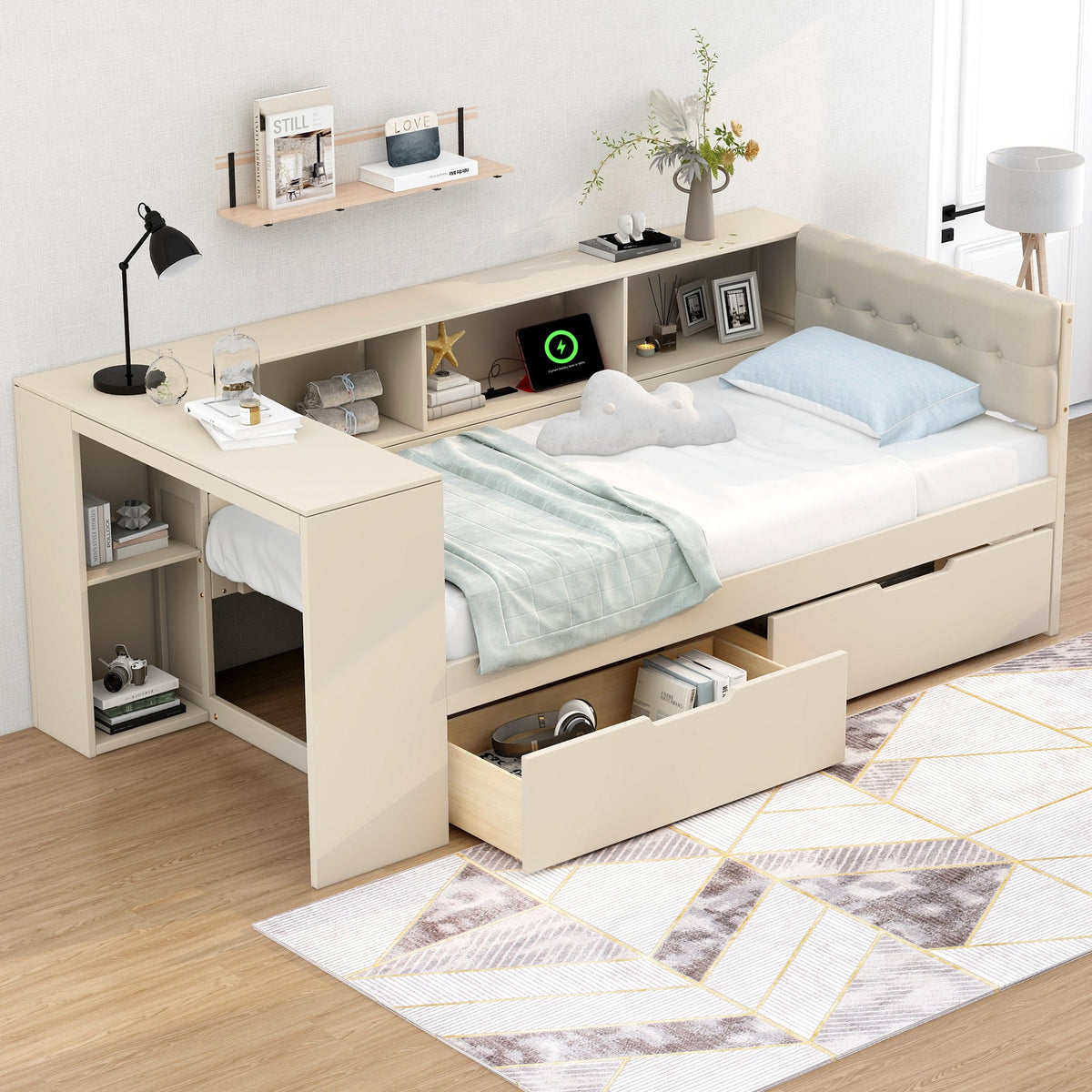 Wood Twin Size Platform Bed with Storage Shelves, Drawers, Charging Station and Upholstered Headboard