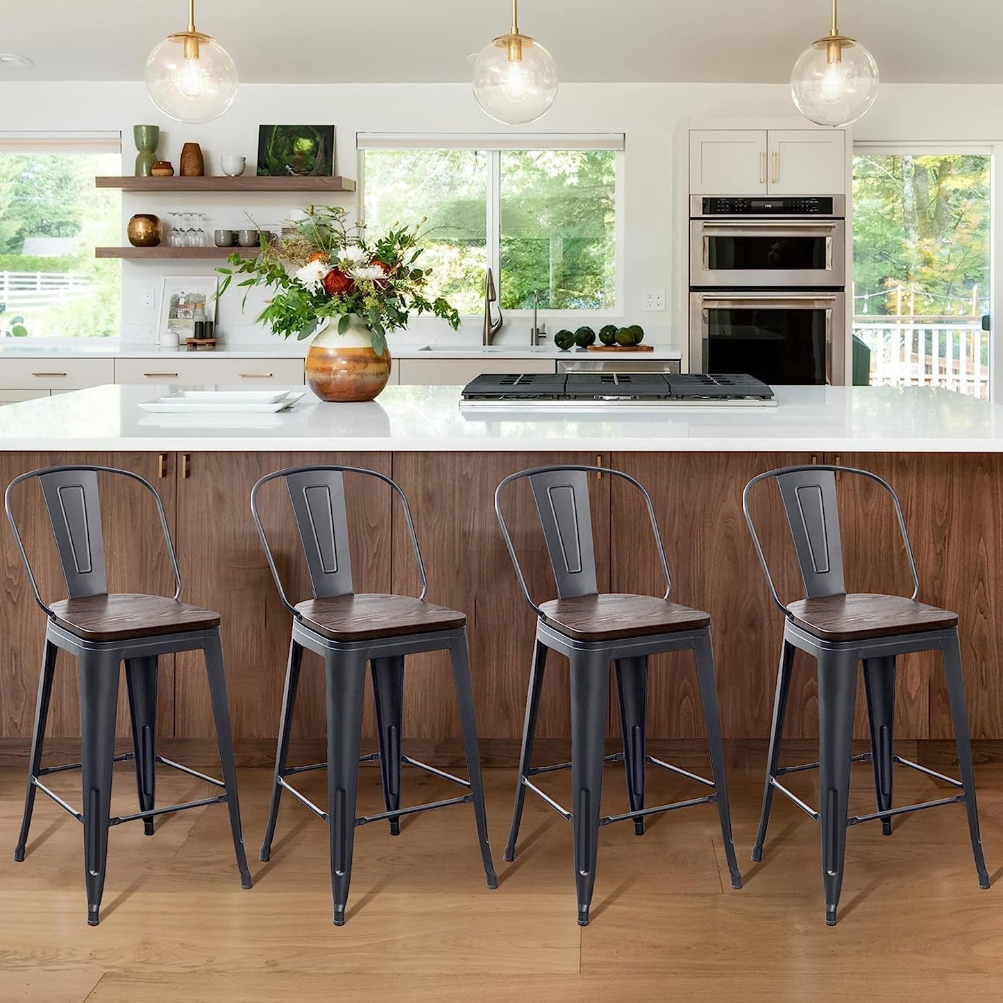 Counter Height Swivel Bar Chairs With Back Set Of 4 in a modern kitchen, featuring a sleek design and comfortable seating.