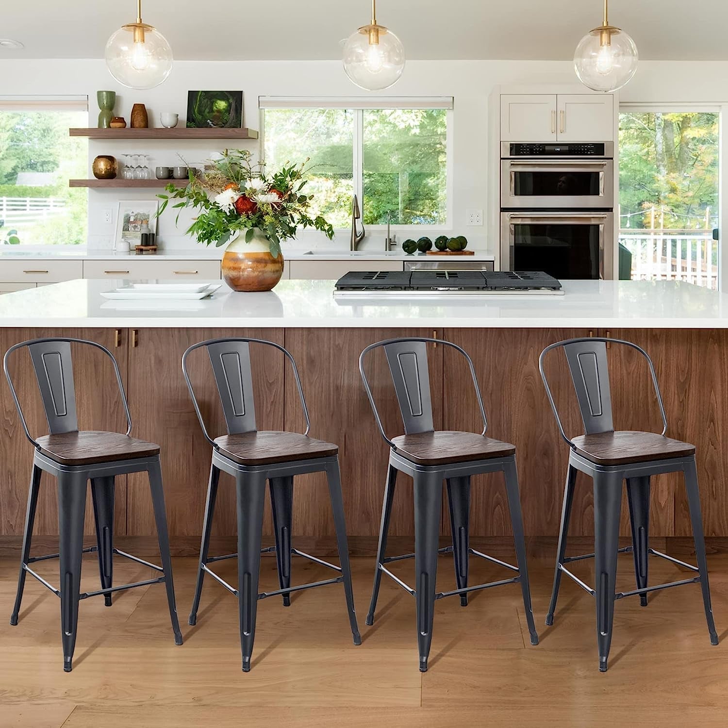 Counter Height Swivel Bar Chairs With Back Set Of 4 in a modern kitchen, featuring a sleek design and comfortable seating.