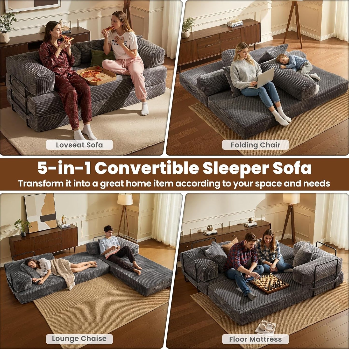Grey Corduroy 81 Inch Ultracomfort Foldable SofaBed