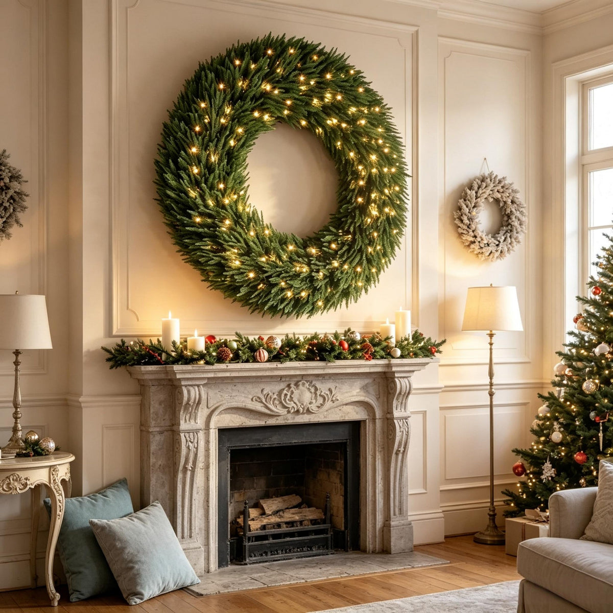 48 Inch Artificial Norfolk Pine Christmas Wreath, Pre-Lit with LED Lights