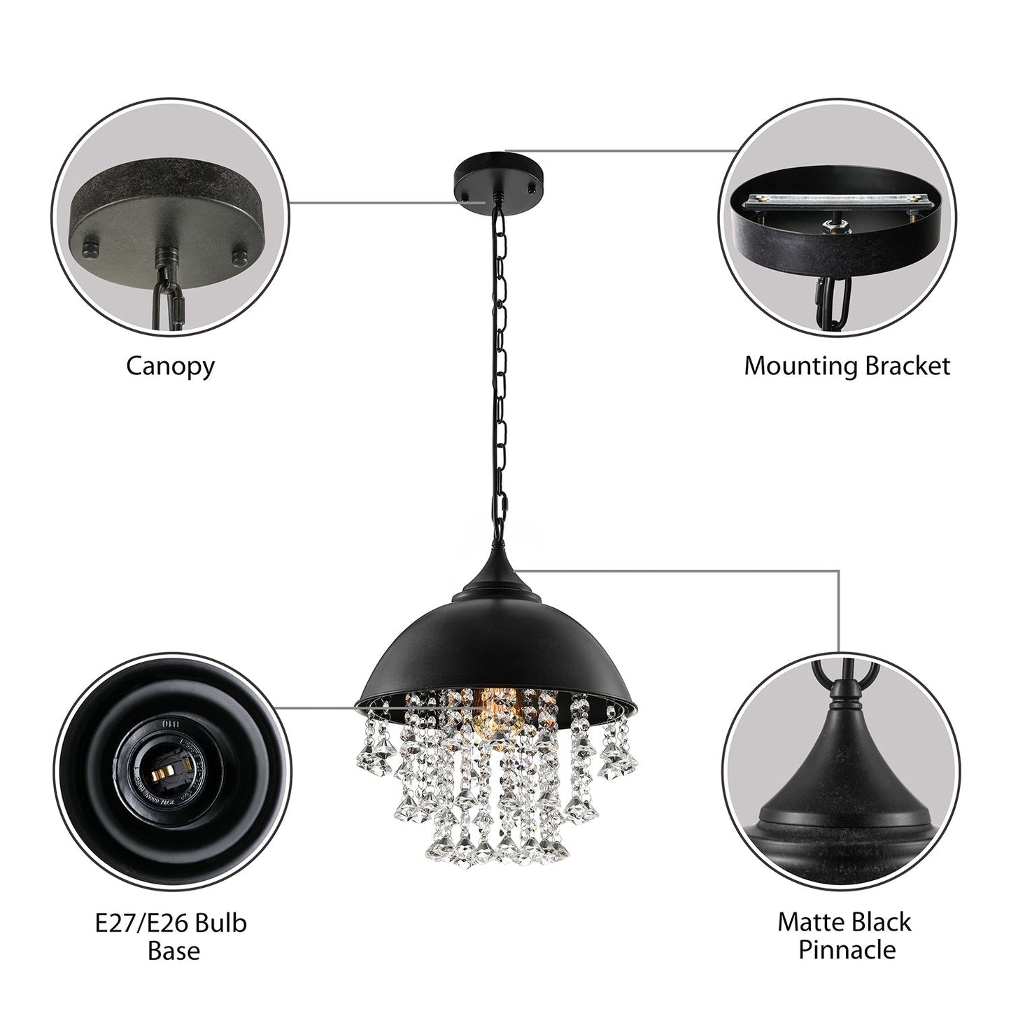 Harlow - Glamorous Industrial Pendant Light with Crystal Accents (1-Light)