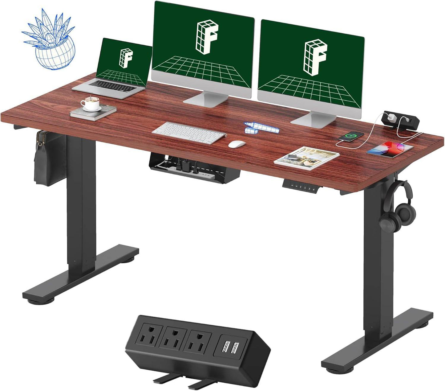 EN2 Height Adjustable Electric Standing Desk - 48"x30" with Clamp Power Strip & Cable Management (Gray Frame + Mahogany Top)