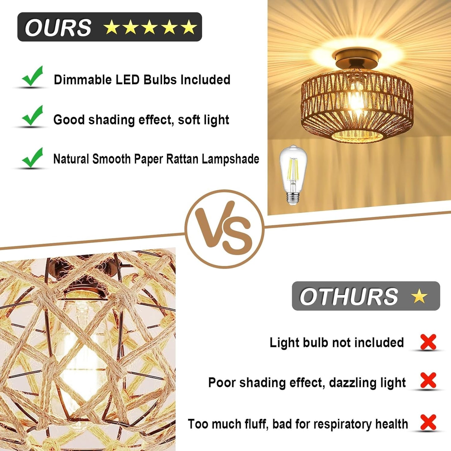 Dark Brown Hand Woven Rattan Ceiling Light With Dimmable LED comparison chart highlighting features and benefits.