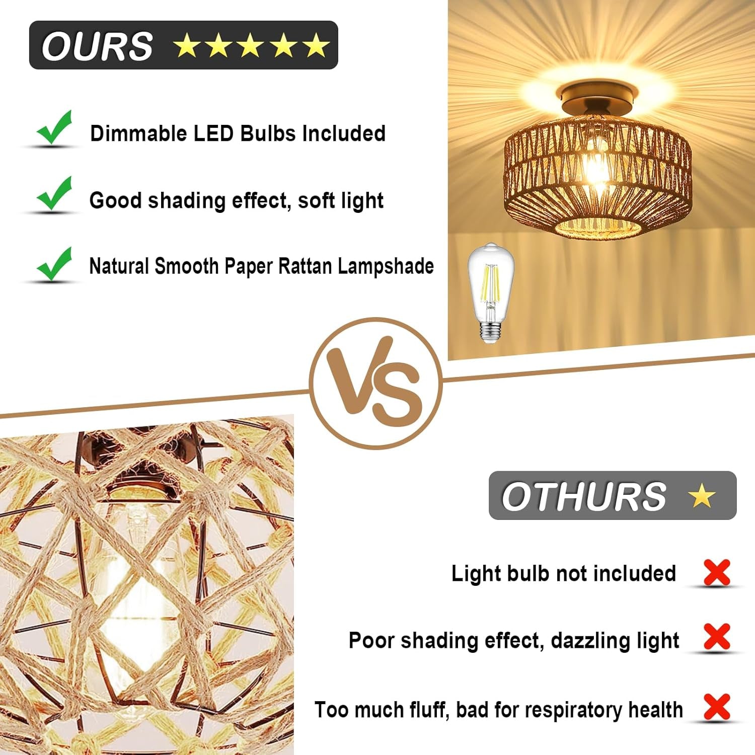 Dark Brown Hand Woven Rattan Ceiling Light With Dimmable LED comparison chart highlighting features and benefits.