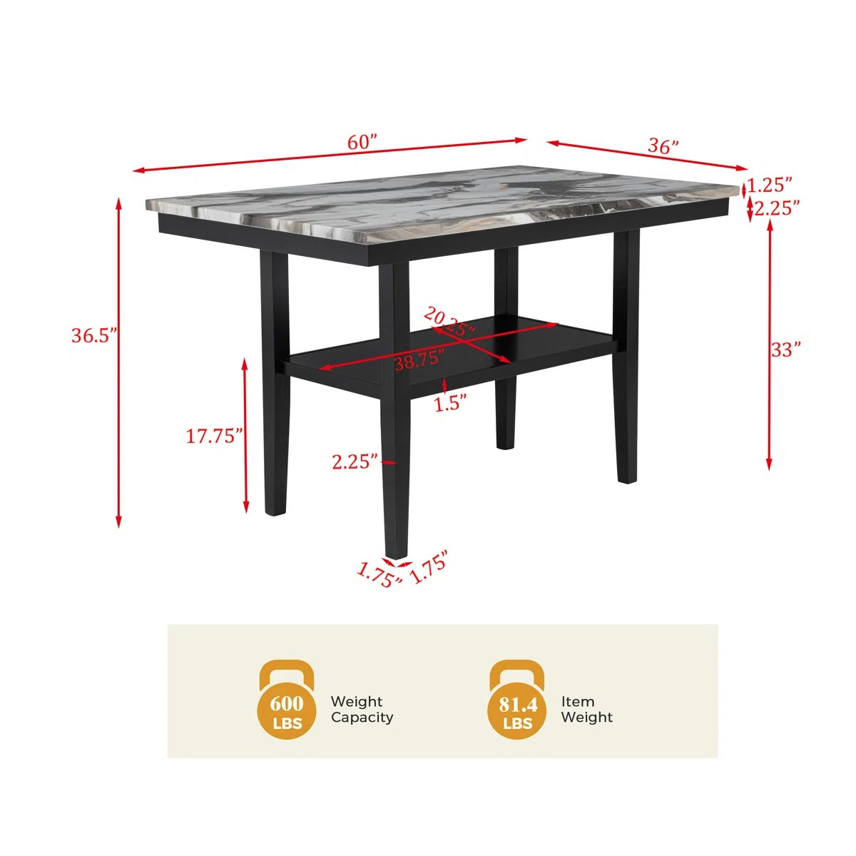 Modern 5 Piece Counter Dining Set, Marble Finish Wood Top