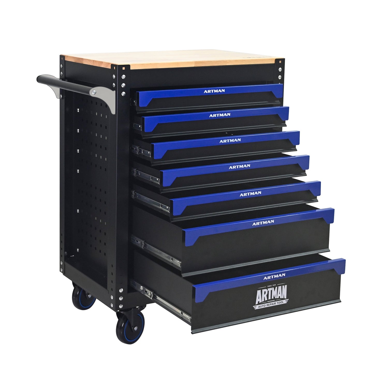 30-inch 7-drawer Wood-top Practical Rolling Steel Tool Cart, With Handle and Wheels, Storage Cabinet for Garages, Warehouses, Repair Shops, Requires Assembly of the the Tool Cart - Black & Blue
