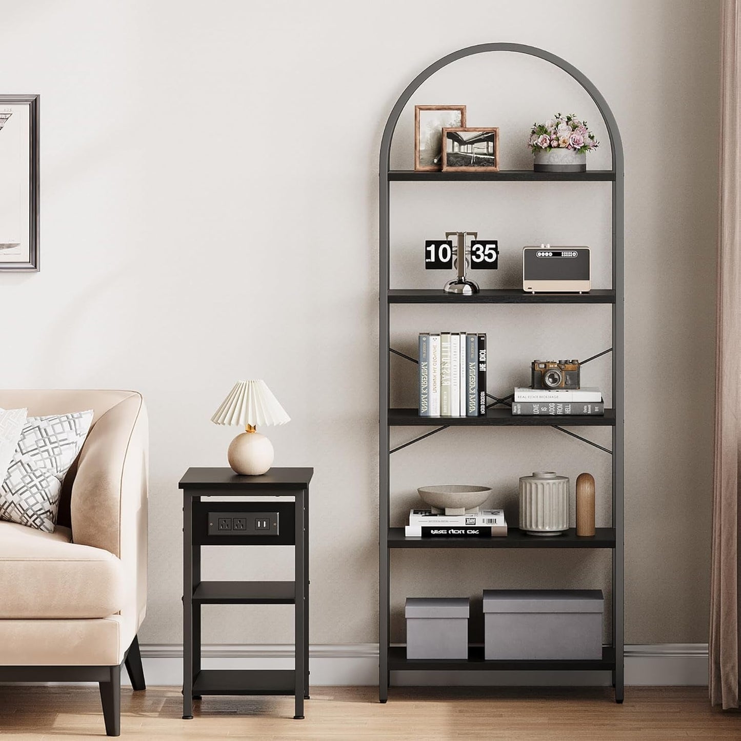 Tall Black Arched Bookcase With 5 Open Shelves For Living Room
