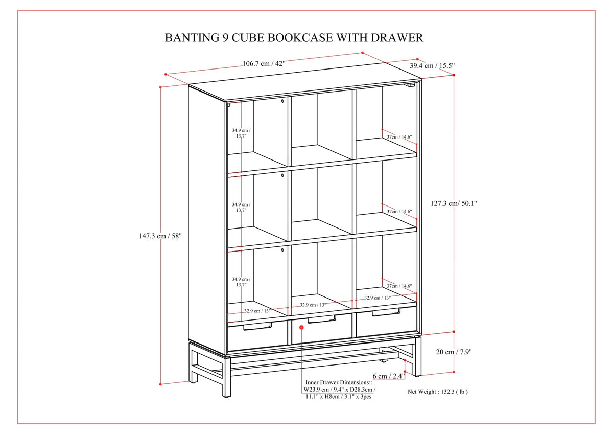 Banting 9 Cube Bookcase with Drawers