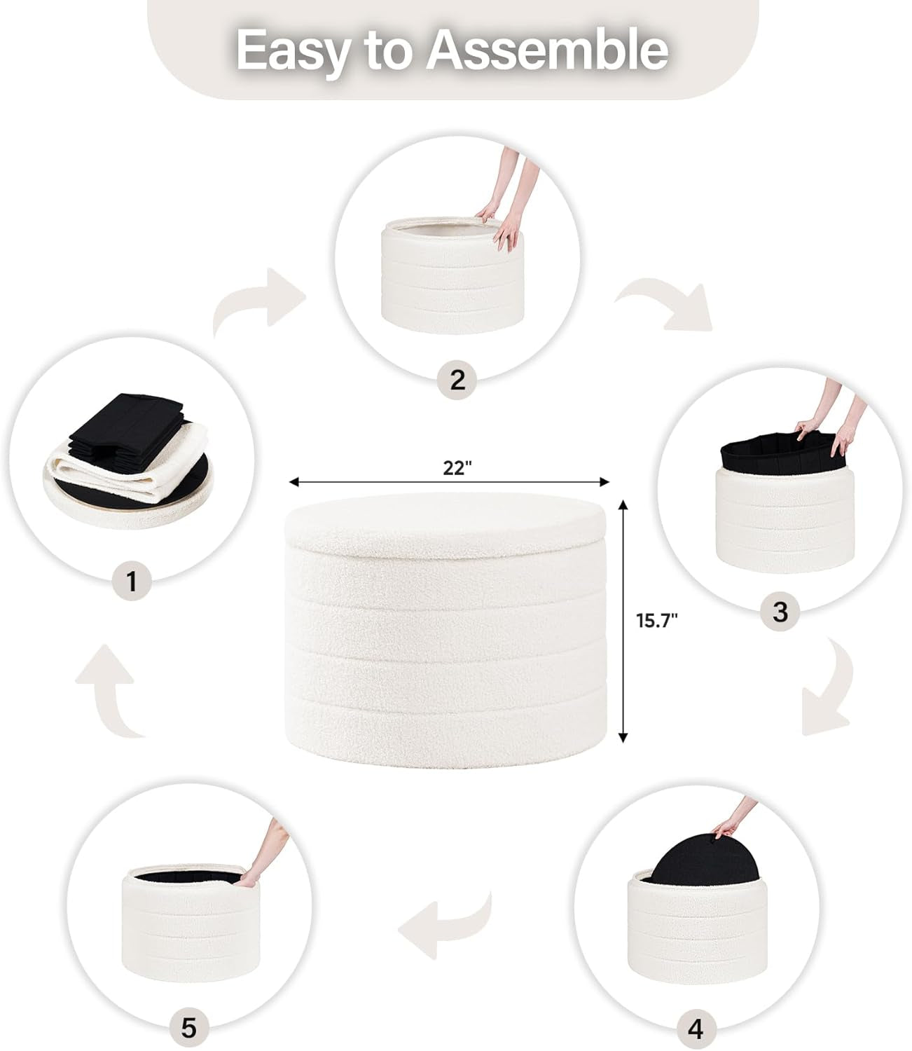Round Sherpa Boucle Storage Ottoman White 22 Inches