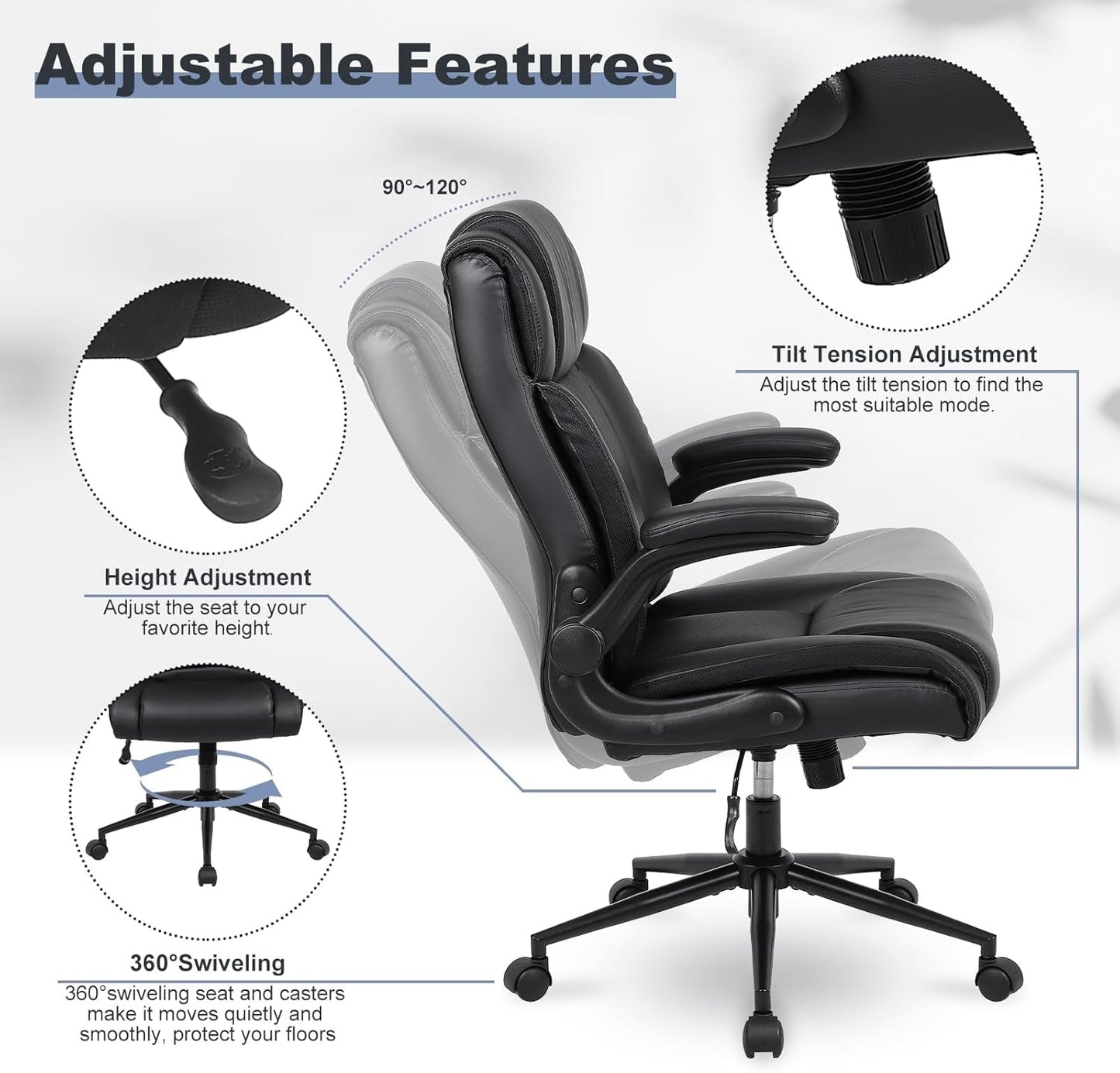Black Leather Office Chair With Flip Up Armrests And Wheels