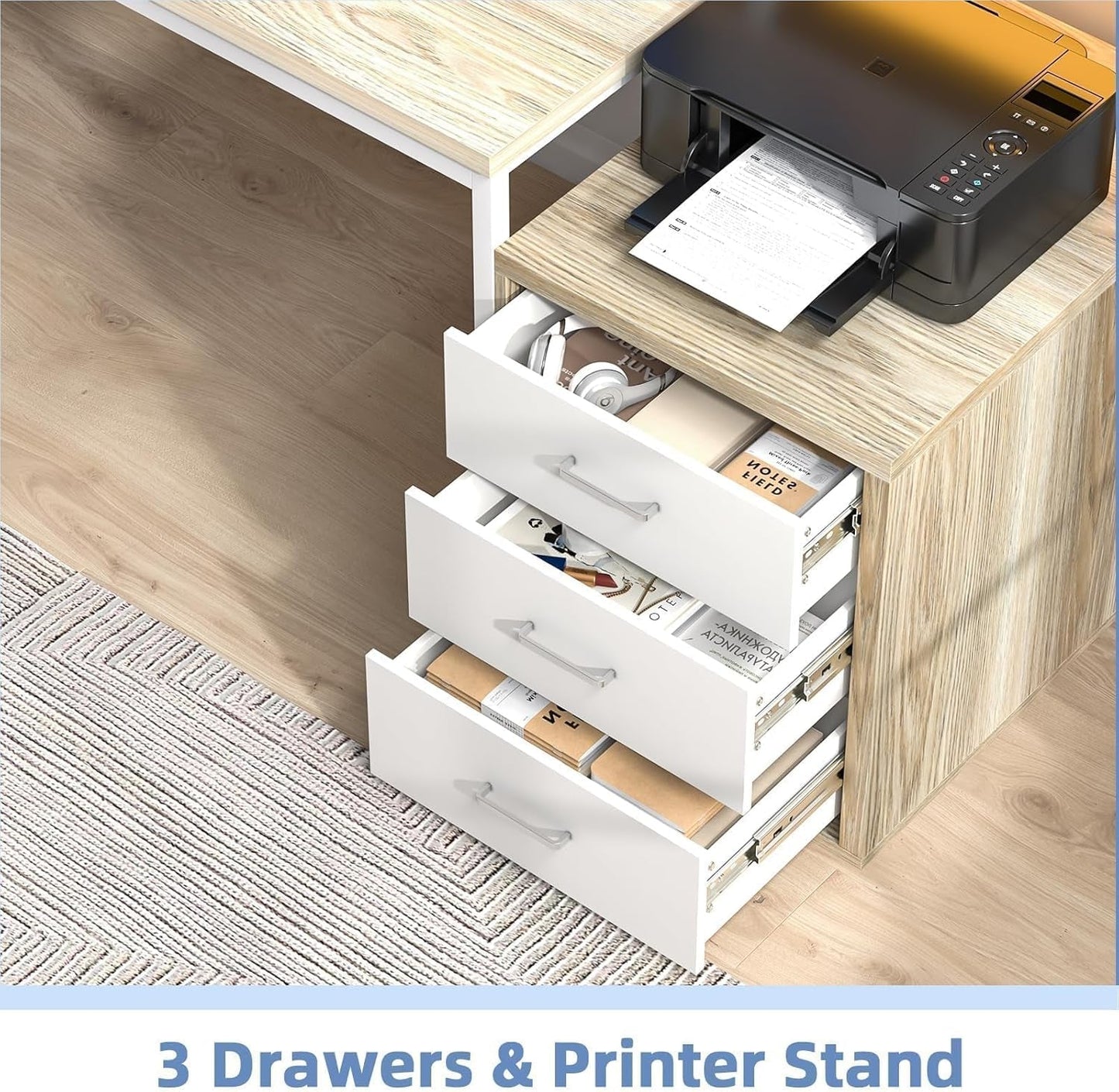 67 nch White Walnut Computer Desk With LED Lighting