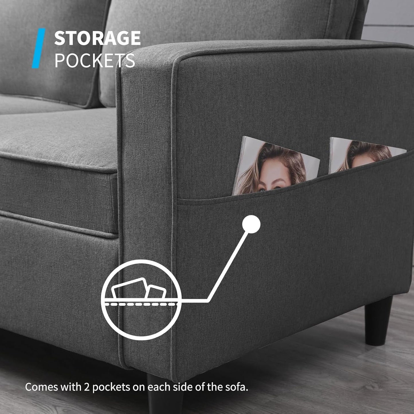 3 Piece Convertible Sofa Set With Linen Upholstery And Storage Ottoman Dark Grey