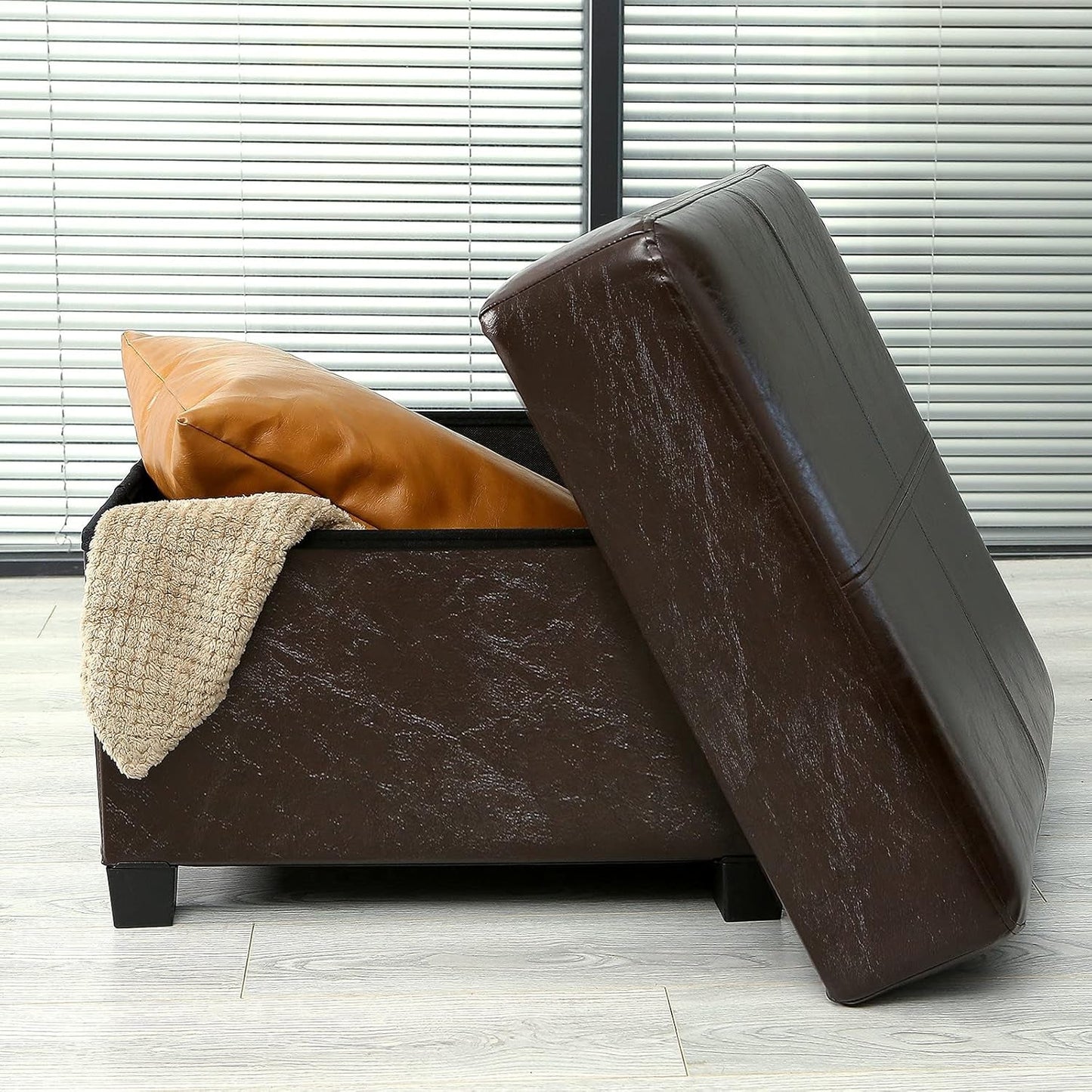 Brown Folding Storage Bench Ottoman Hidden Compartments