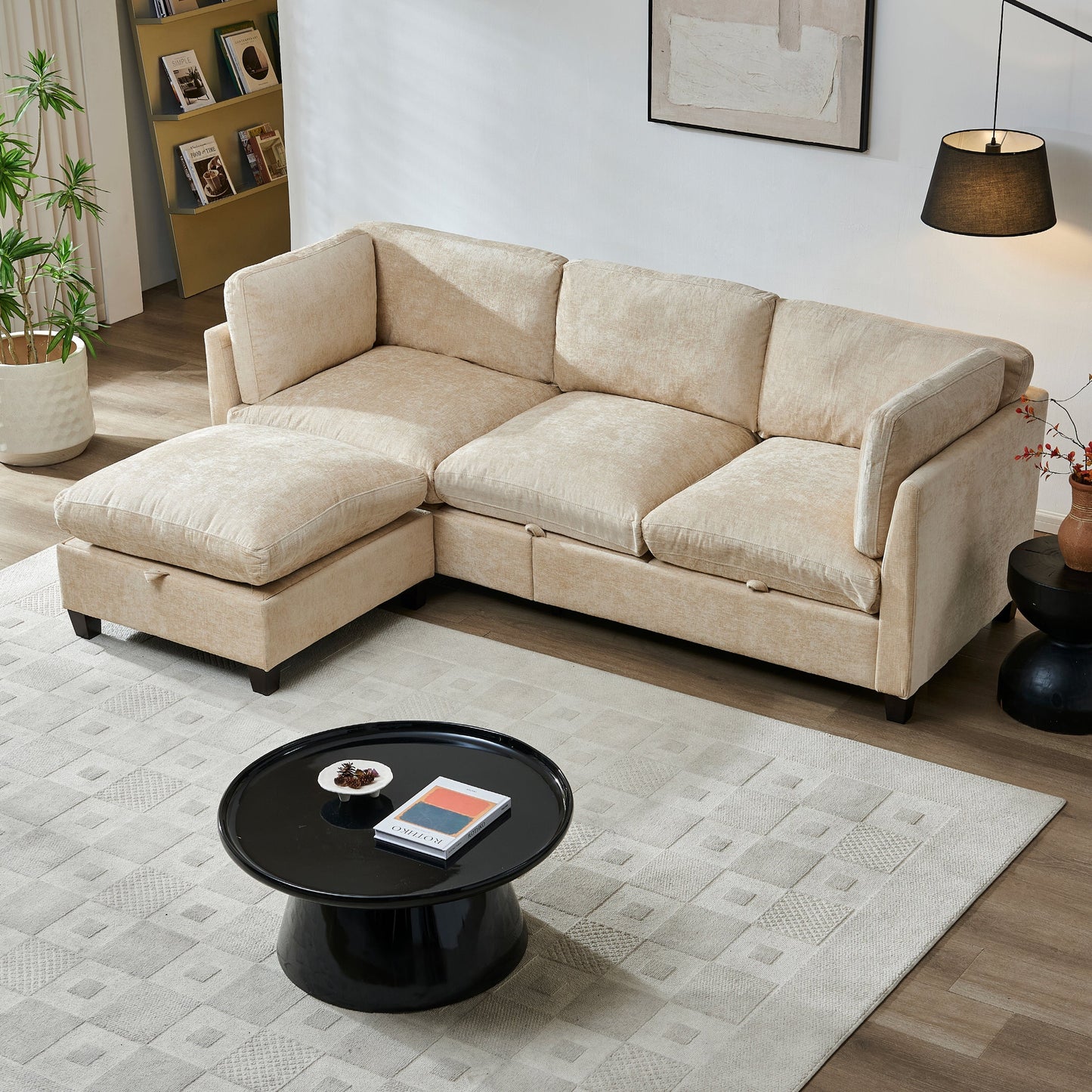 Soft Chenille 3-Seater Sectional Couch with Ottoman