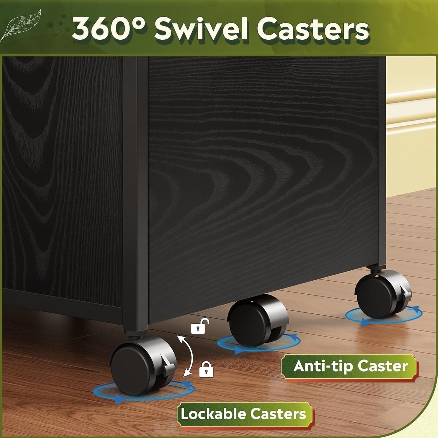 2 Drawer Mobile File Cabinet With Open Storage Shelf Black