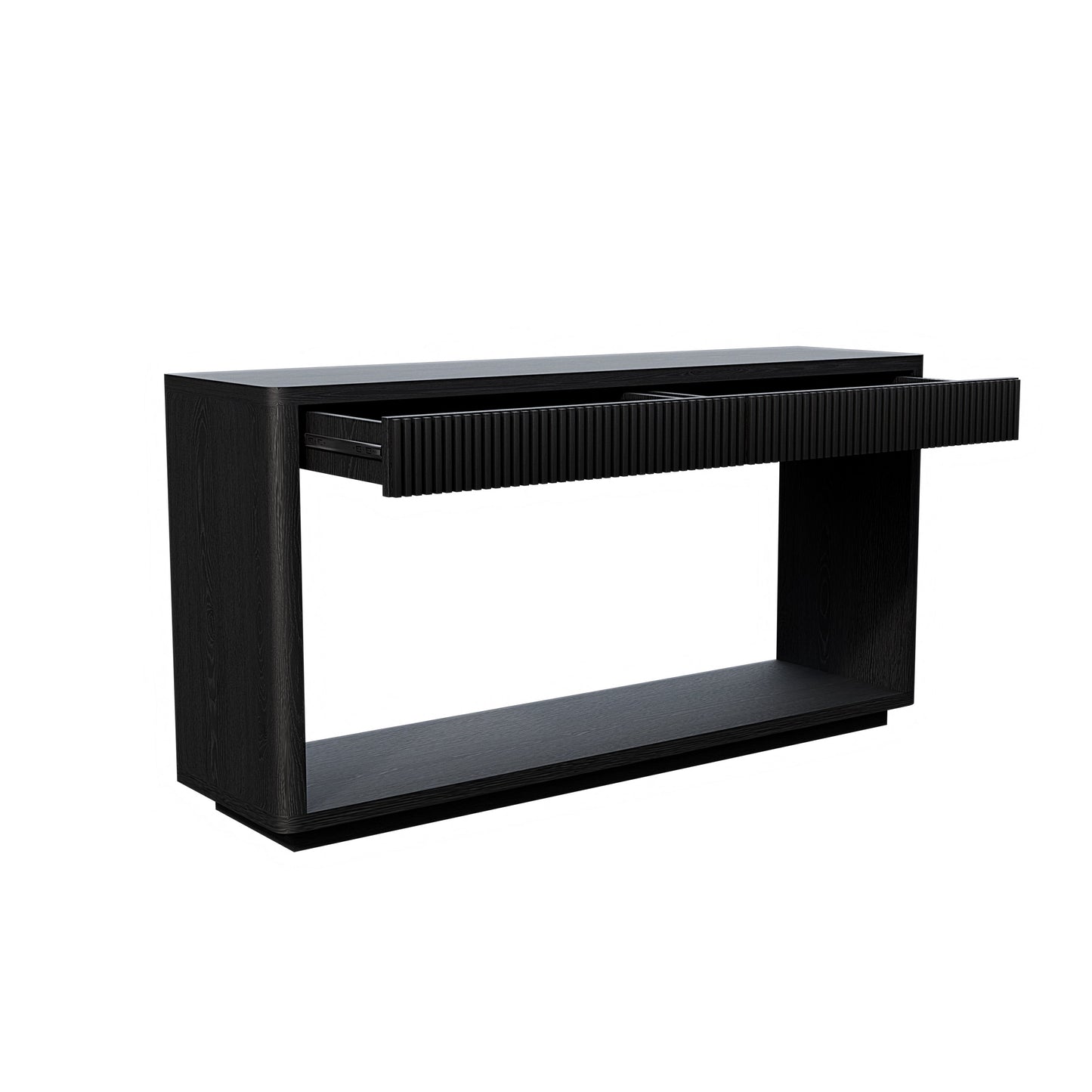60' Modern 2-Drawer Fluted Console Table Natural Wood Veneer Sofa Table Behind Couch Table for Living Room, Hallway, Entryway, Home Office, Black