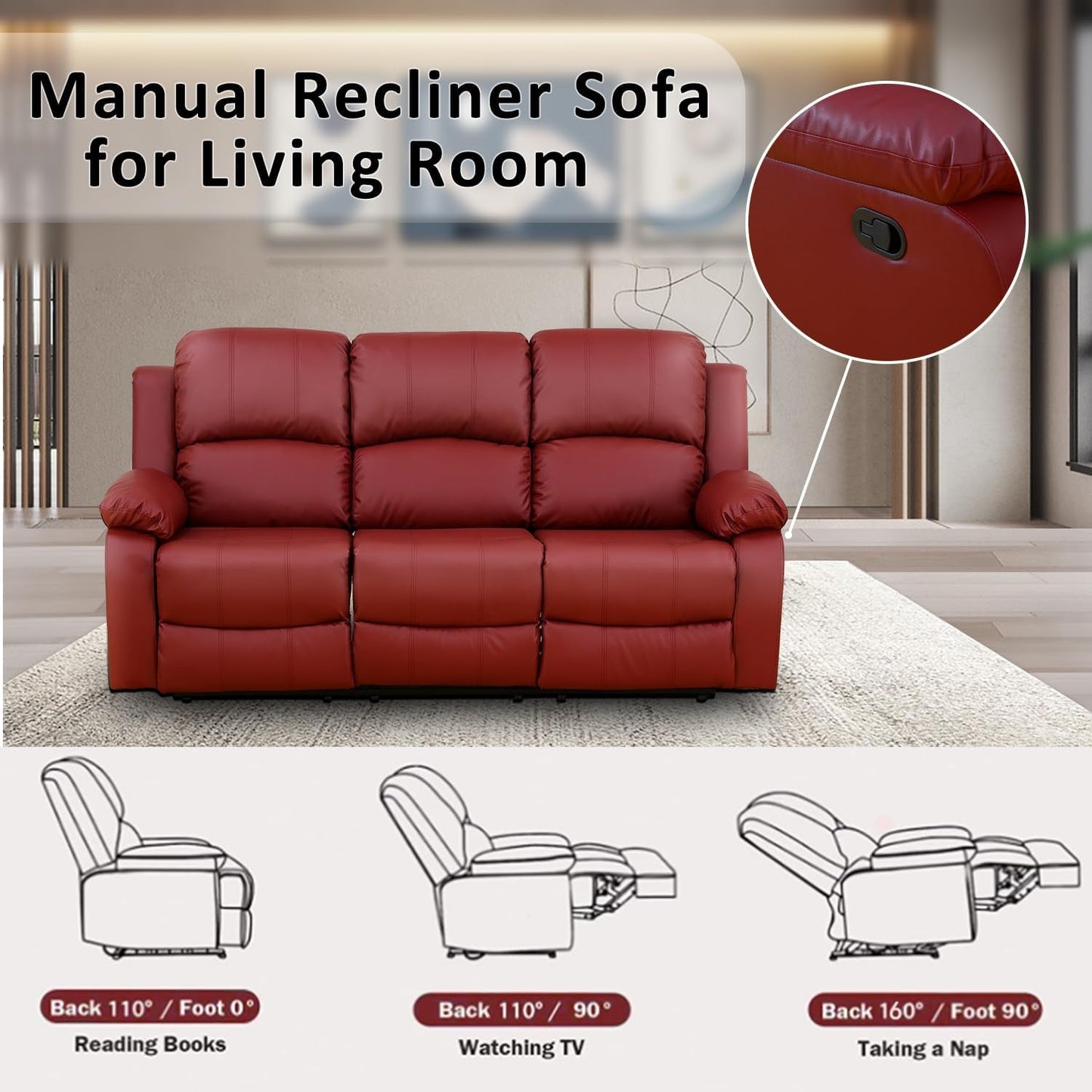 Manual Recliner Sofa Set Red Bonded Leather With Cup Holders