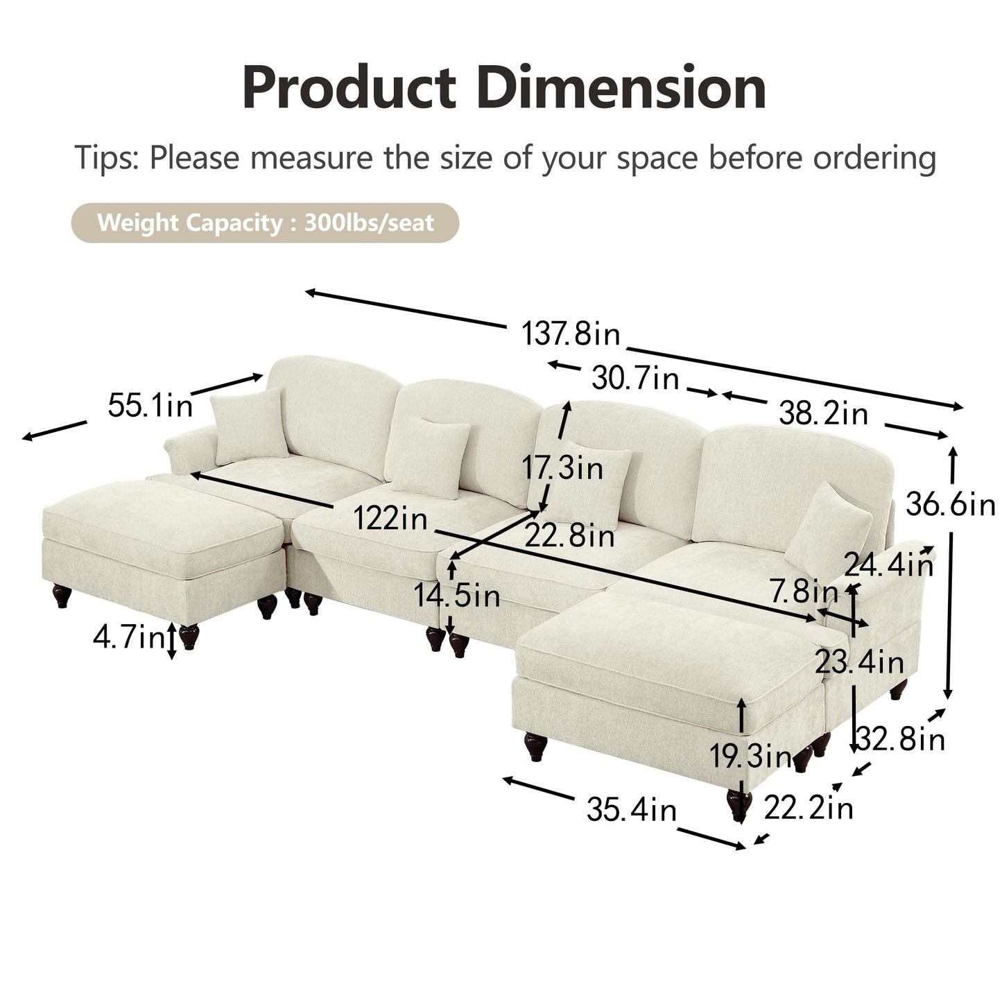 Classic U Shape 4 Seater Modular Sectional Sofa Couch with Flared Arms and Removable Ruffles Pleats Skirts and Spindle Legs, Chenille Deep Seat Cloud Sofa with Movable Ottomans, Beige White