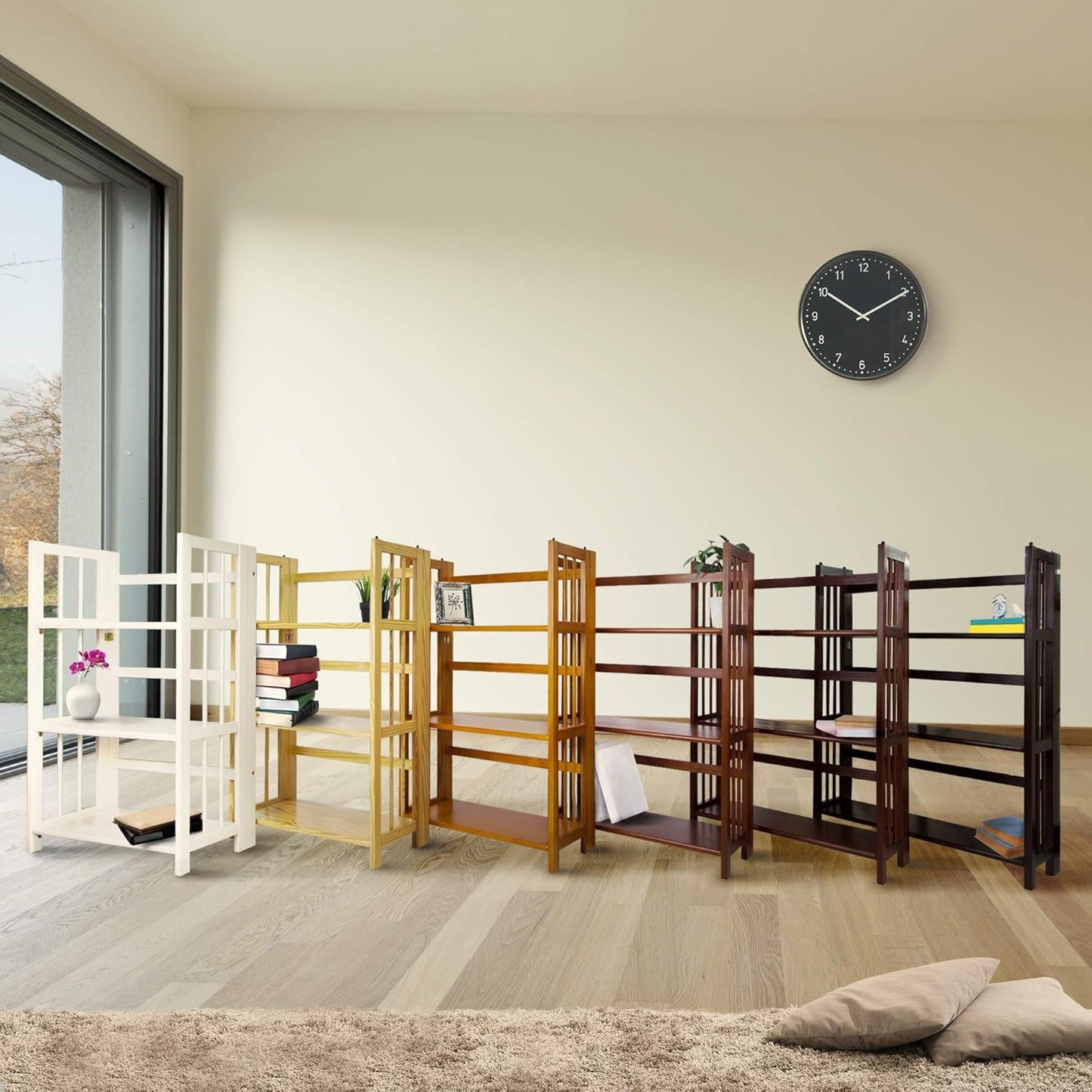 Three Shelf Folding Stackable Bookcase 27.5 Inch Wide Espresso Wood Home Office Storage