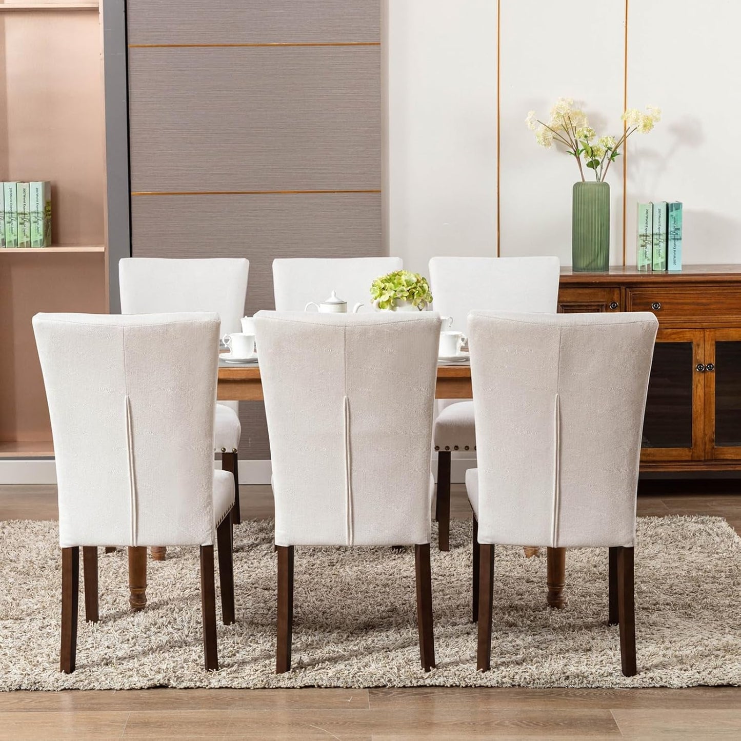 Beige Linen Upholstered High Back Counterheight Chairs