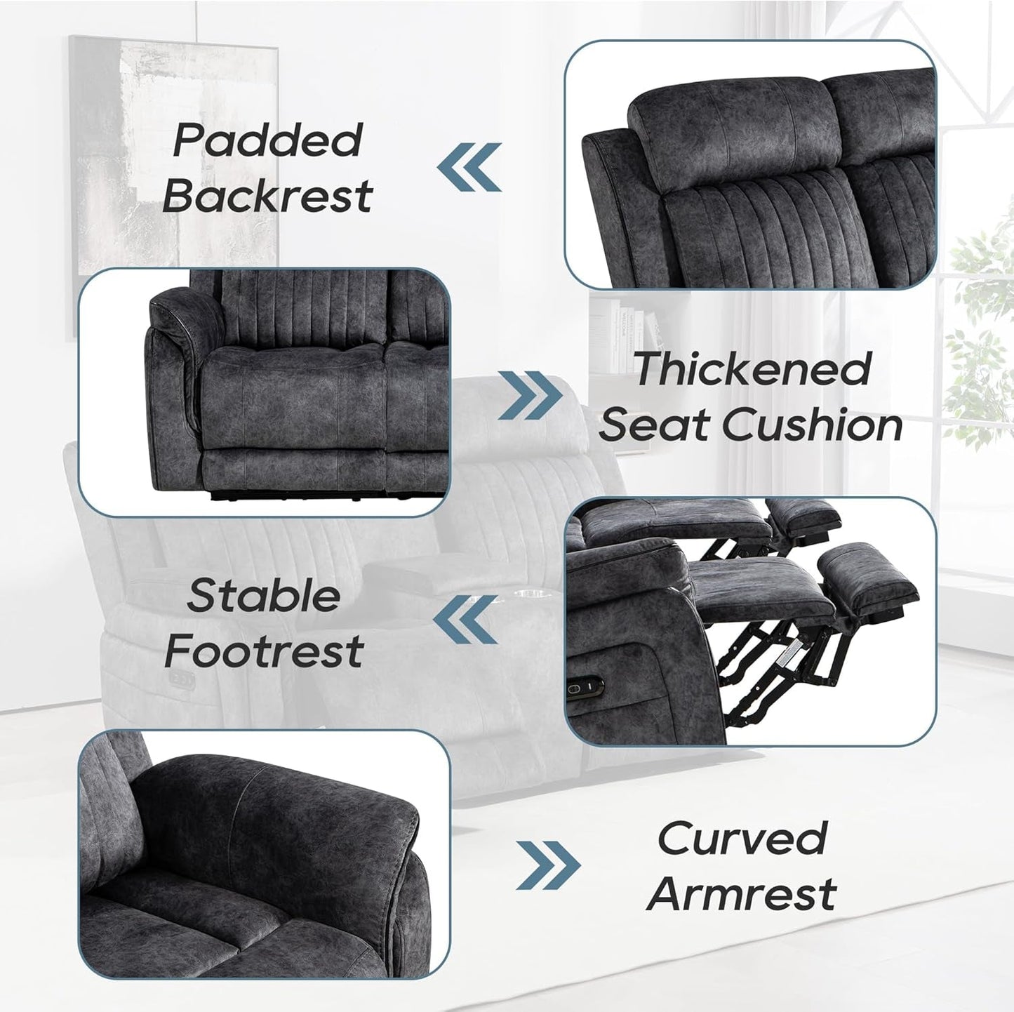 Grey Zero Gravity Reclining Sofa Set With Adjustable Headrest