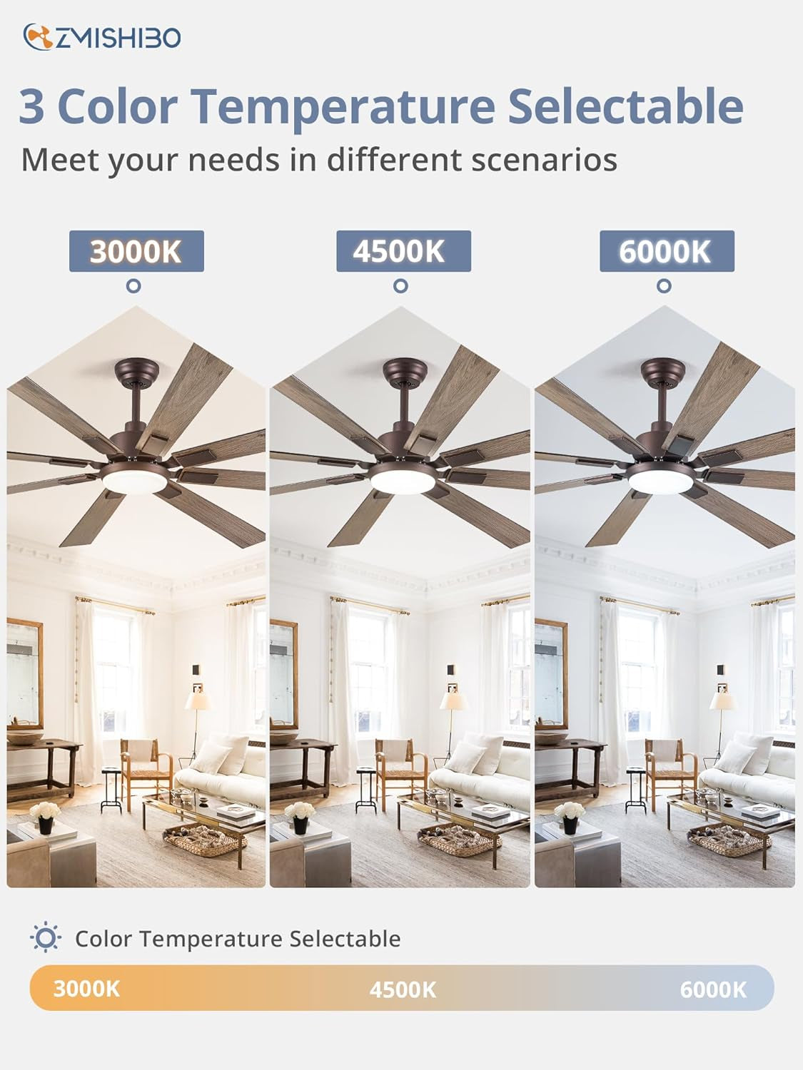 72 Inch Oil Rubbed Bronze Ceiling Fan With Lights Remote with selectable color temperatures 3000K, 4500K, 6000K.