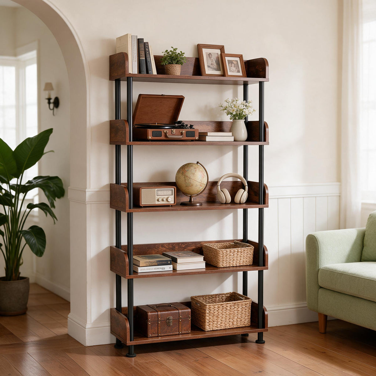 5-Tier Industrial Bookshelf - Open Rustic