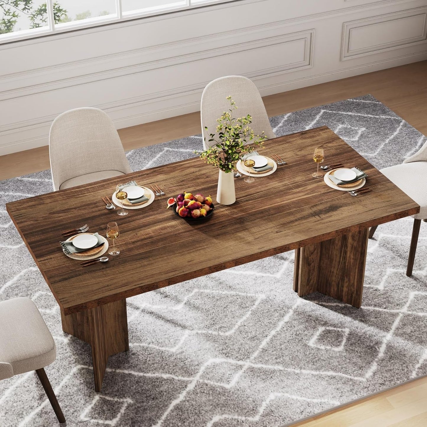 63 Inch Dark Brown Farmhouse Dining Table With Large Tabletop For 4 To 6 People