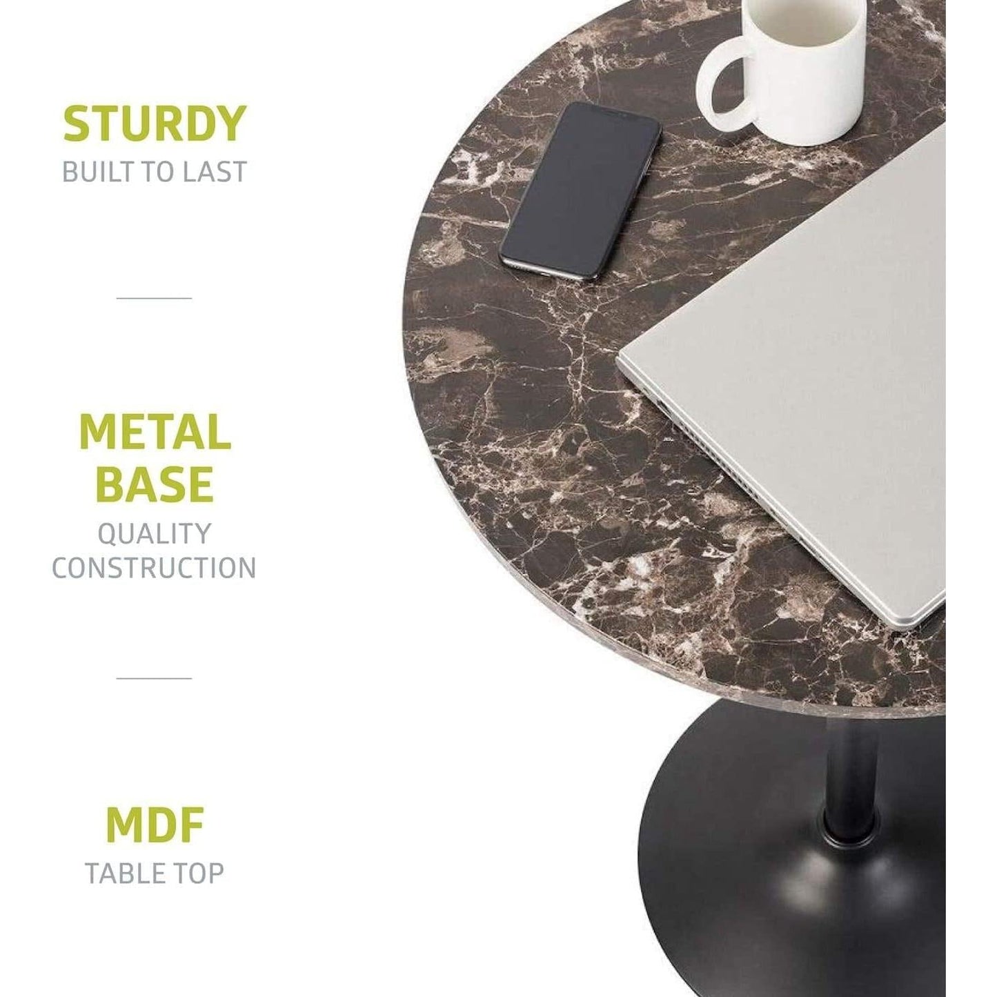 Round Pub Table With Faux Marble Top And Black Metal Base showing sturdy MDF tabletop, metal base, and quality construction.