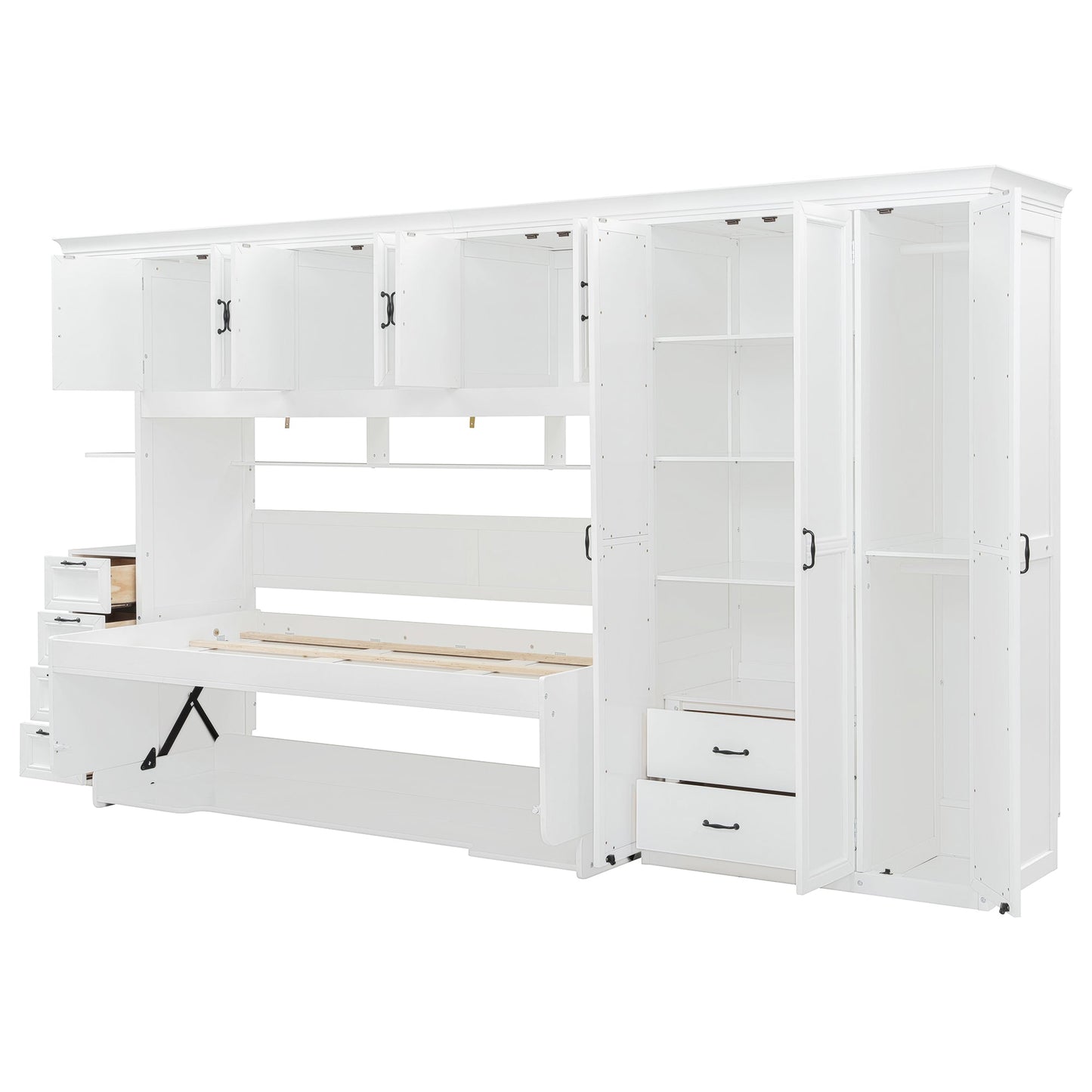 Twin Size Murphy Bed Wall Bed with Wardrobe, Cabinet and Desk, White