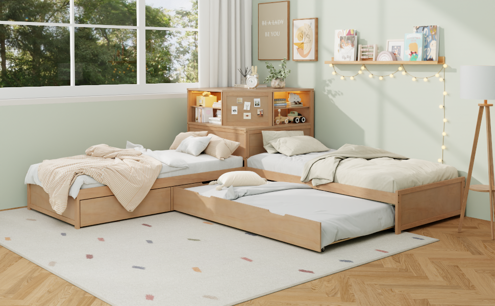 L-Shaped Combination Twin Bed Frame with Trundle and Drawer