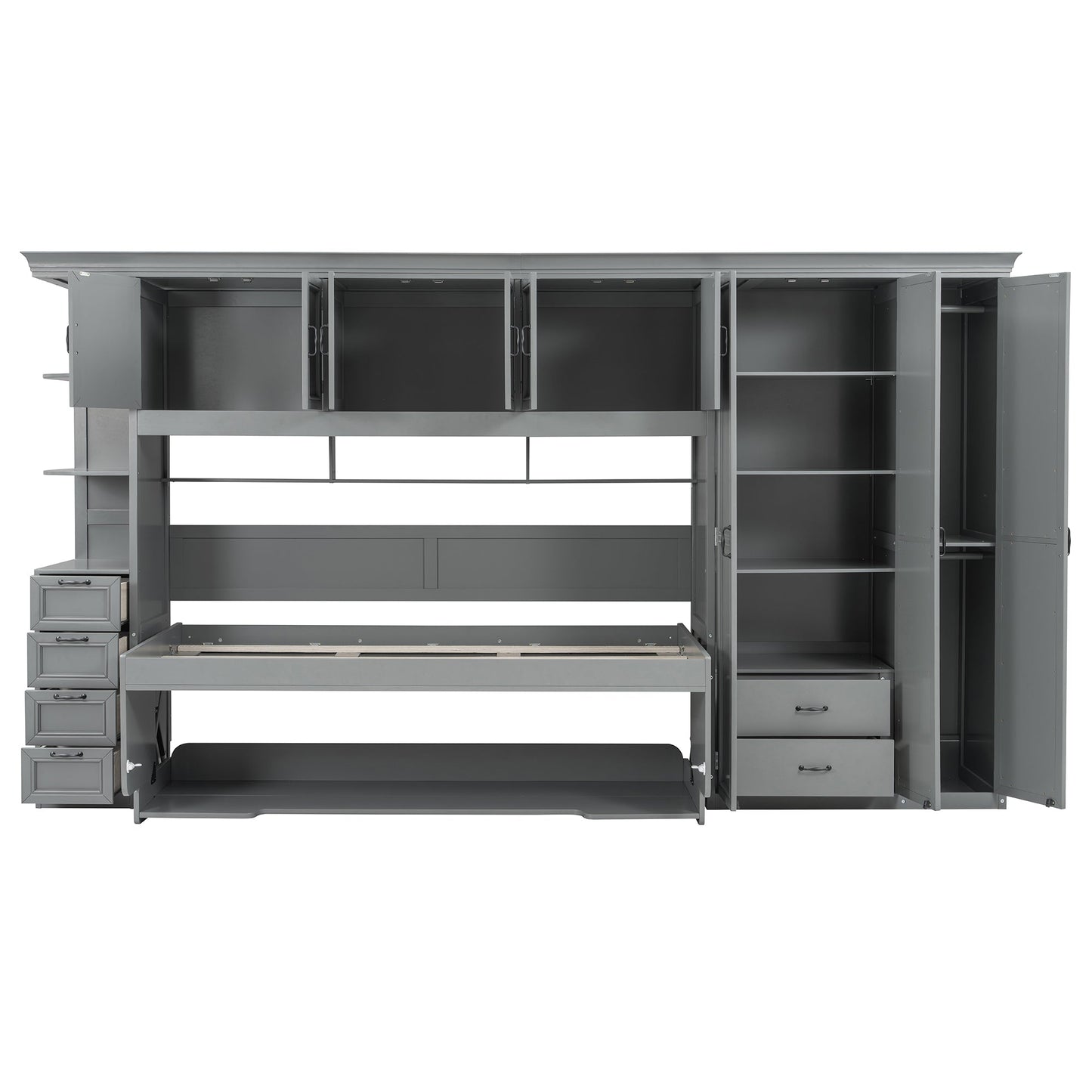 Twin Size Murphy Bed Wall Bed with Wardrobe, Cabinet and Desk, Gray