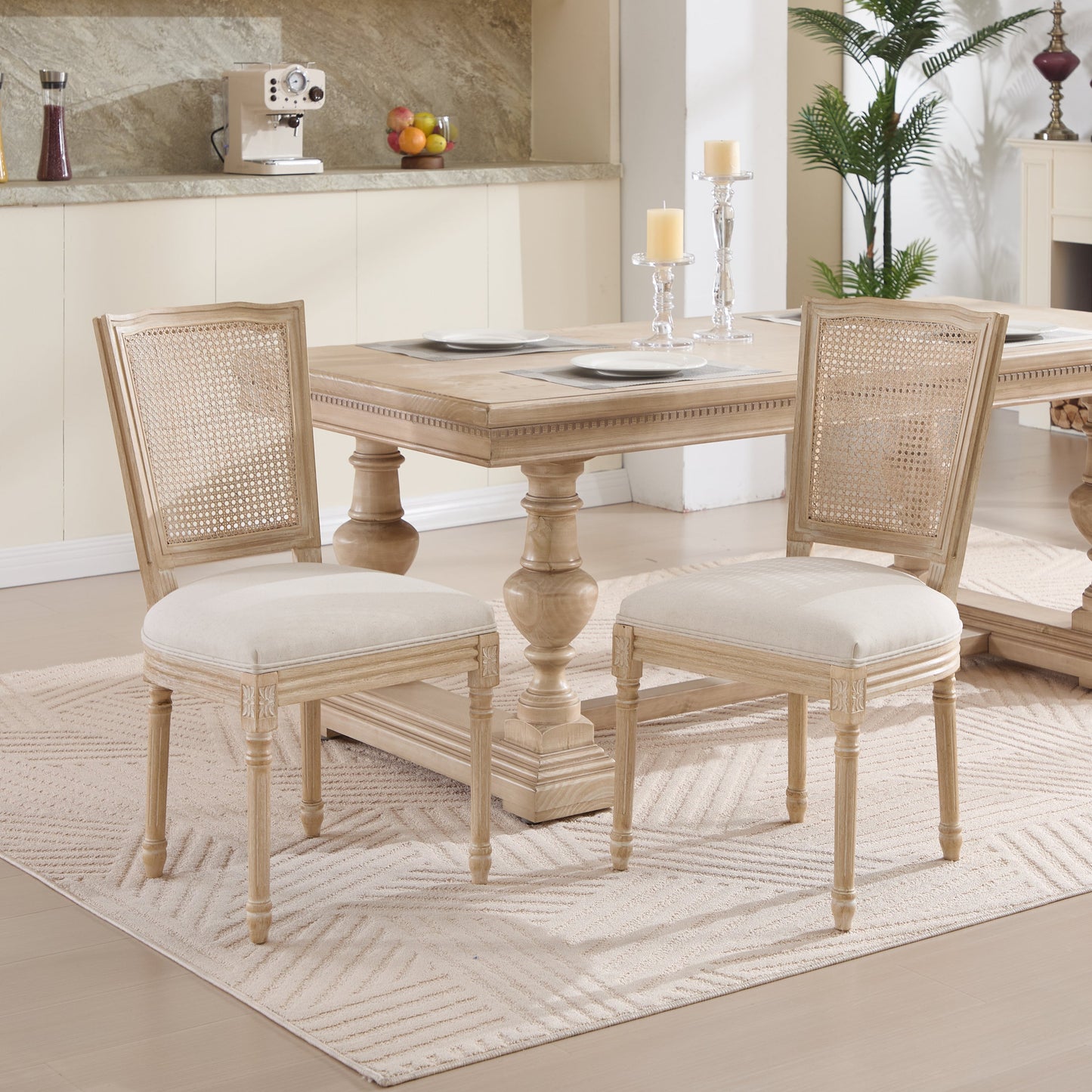 French Country Dining Chairs Set of 2 Upholstered With Natural Rattan Back