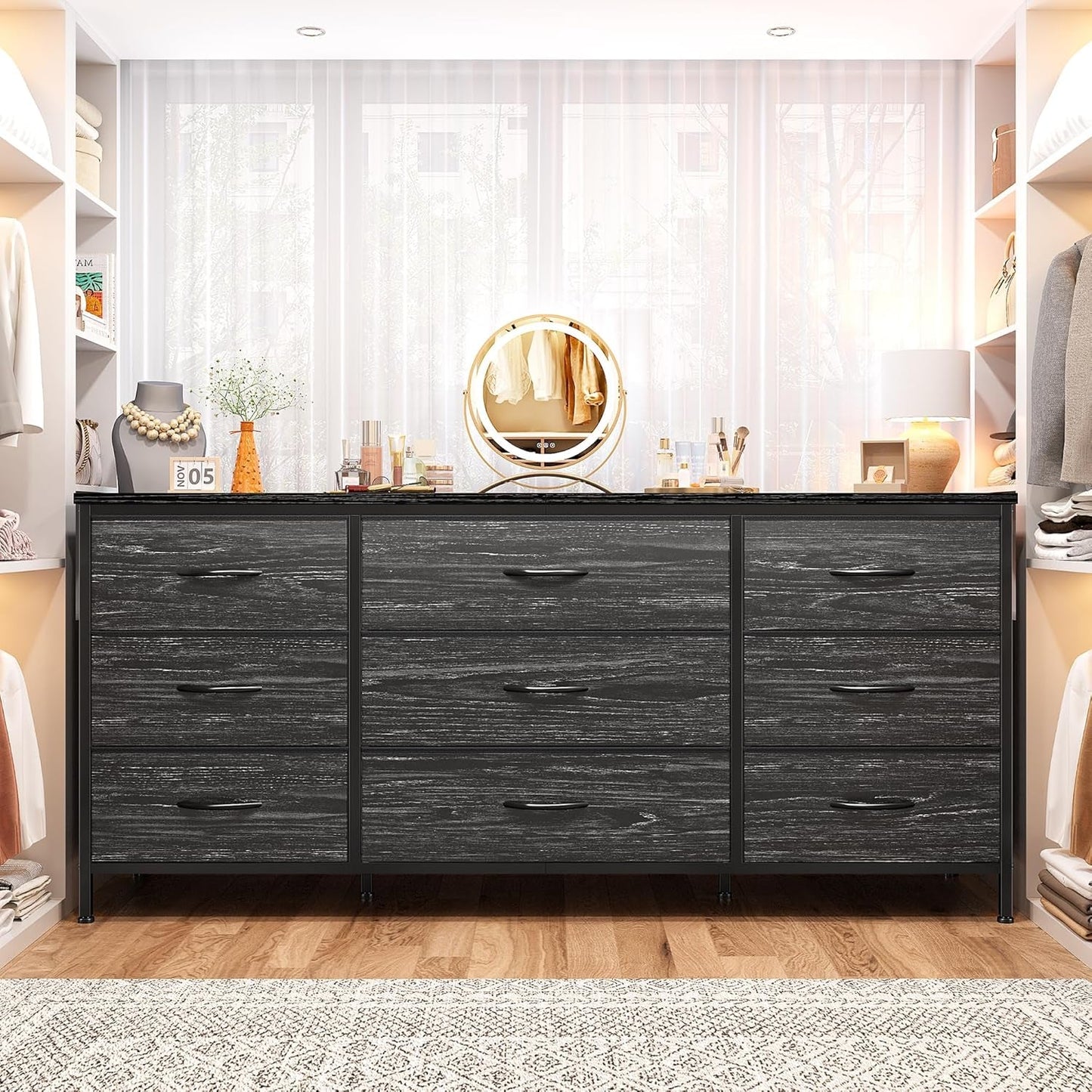 Dresser TV Stand for 60 Inch TV, 9 Drawer, Charcoal Black