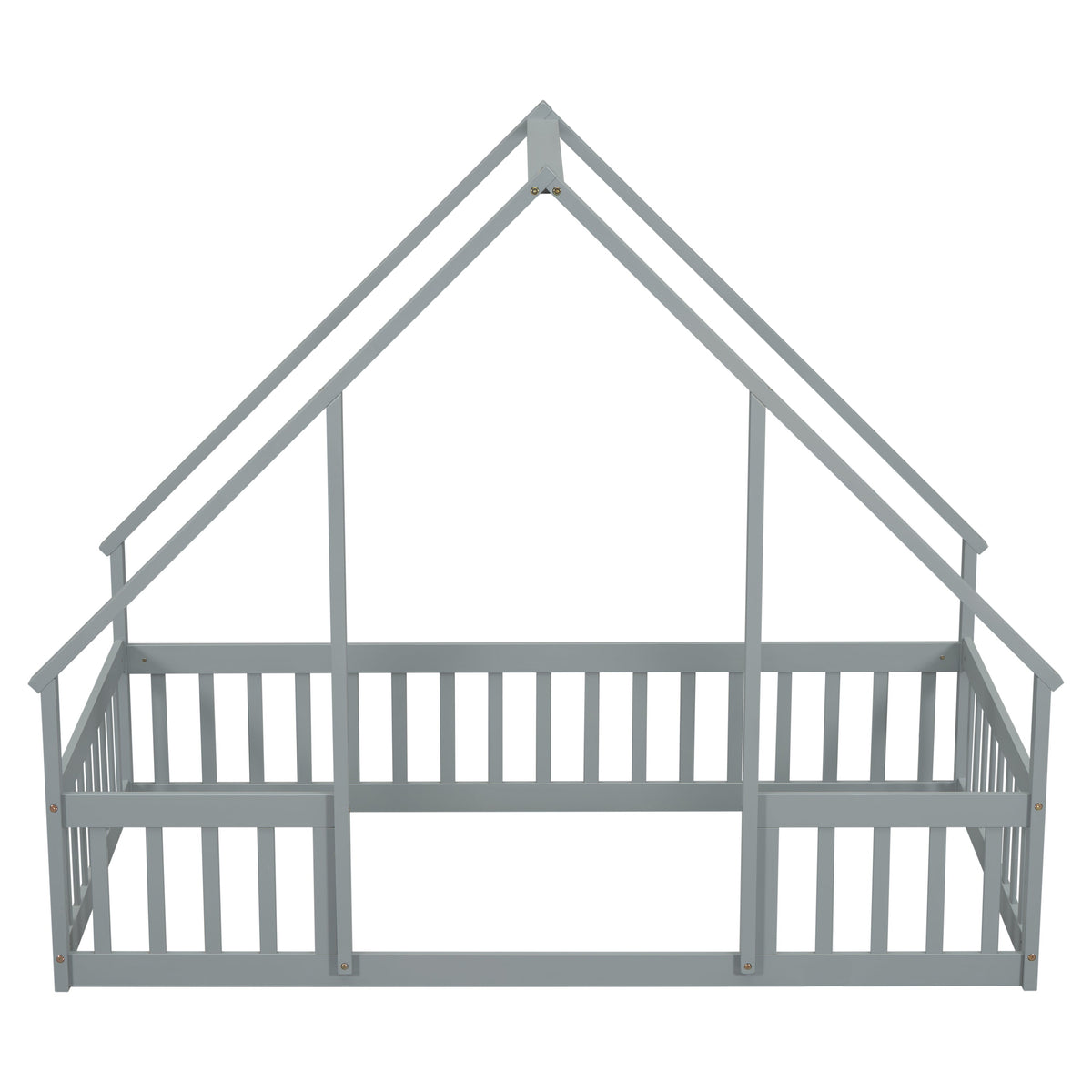 Twin Wood House-Shaped Floor Bed with Fence, Guardrails